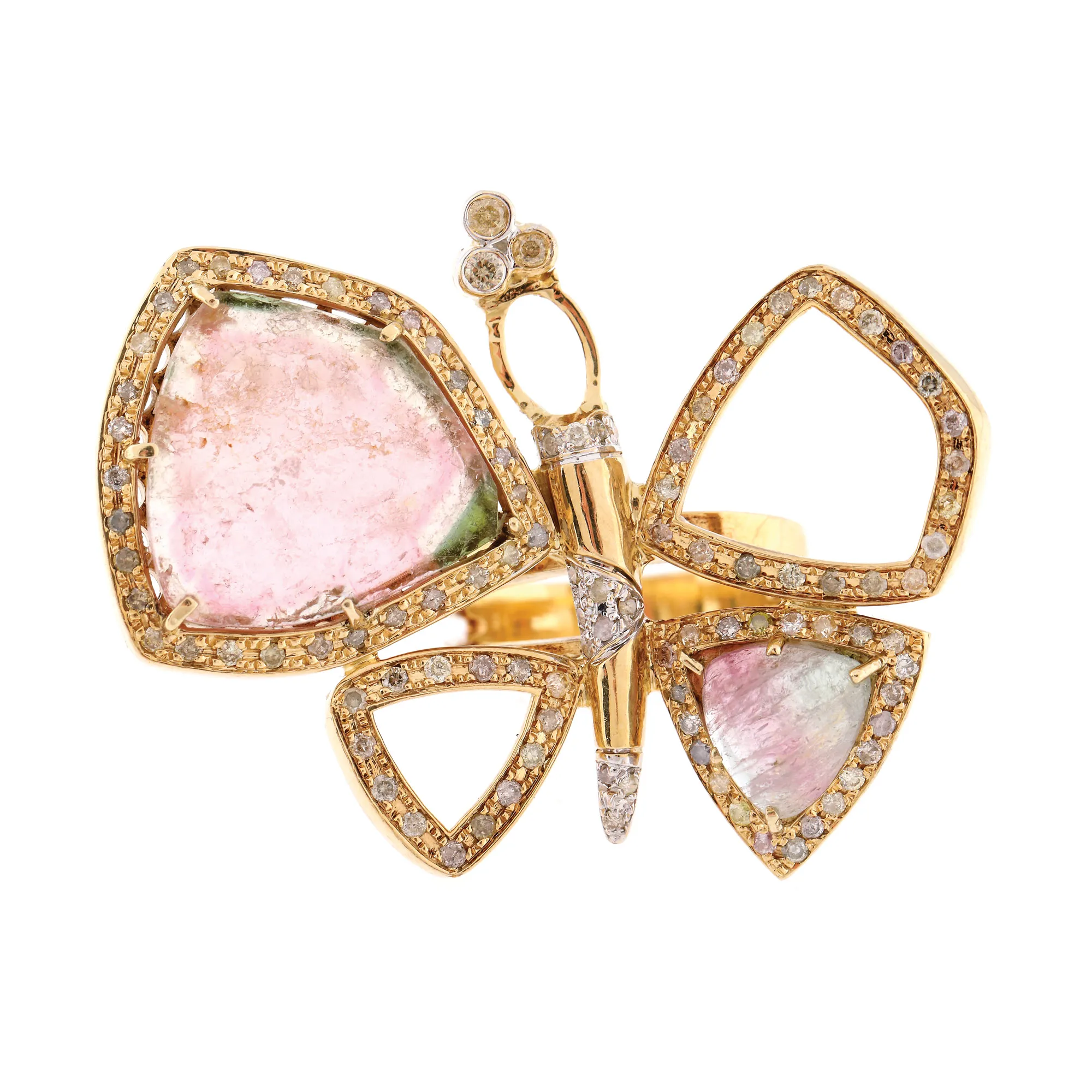 Christian Bonja gold ring, in the shape of a butterfly, decorated with quartz and diamonds