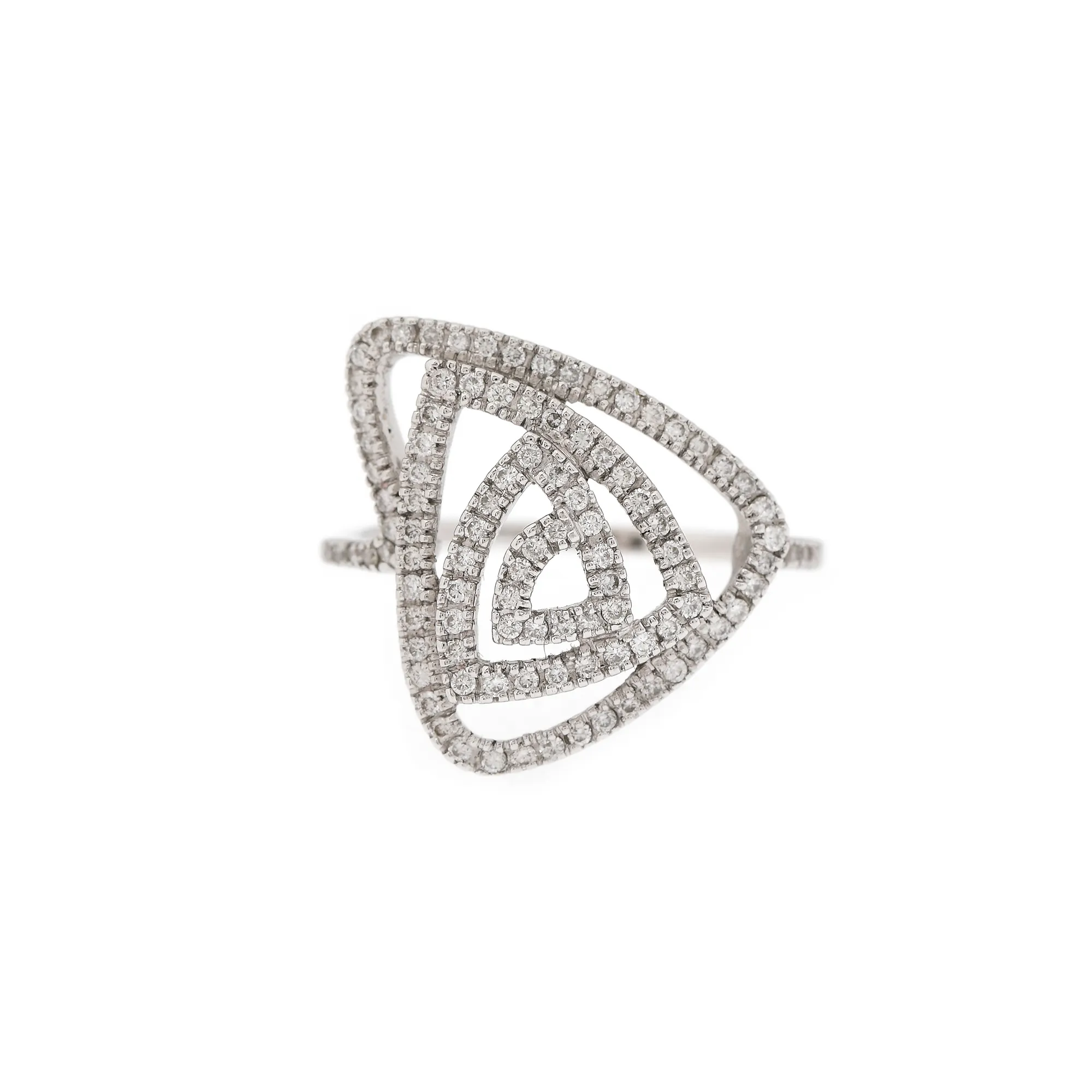 Interesting ring made of white gold, decorated with diamonds