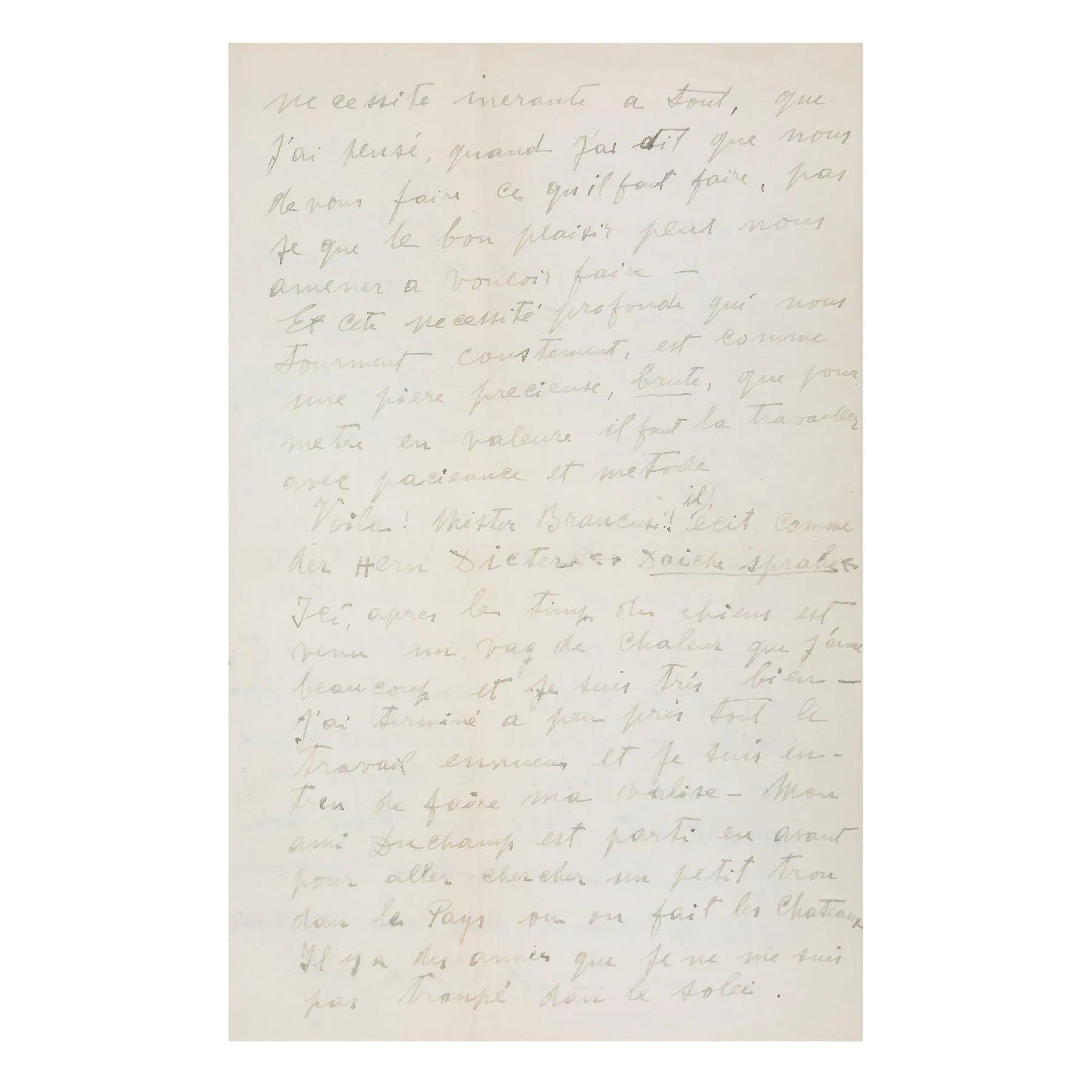 Scrisoare de dragoste trimisă de Constantin Brâncuși către Florence Meyer (Homolka) ”Și această nevoie profundă care ne frământă tot timpul este ca o piatră prețioasă, neșlefuită” (Et cette nécessite profondé qui nous fourment constamment, est comme une pierre précieuse, brute”, Paris, 31 iulie 1933