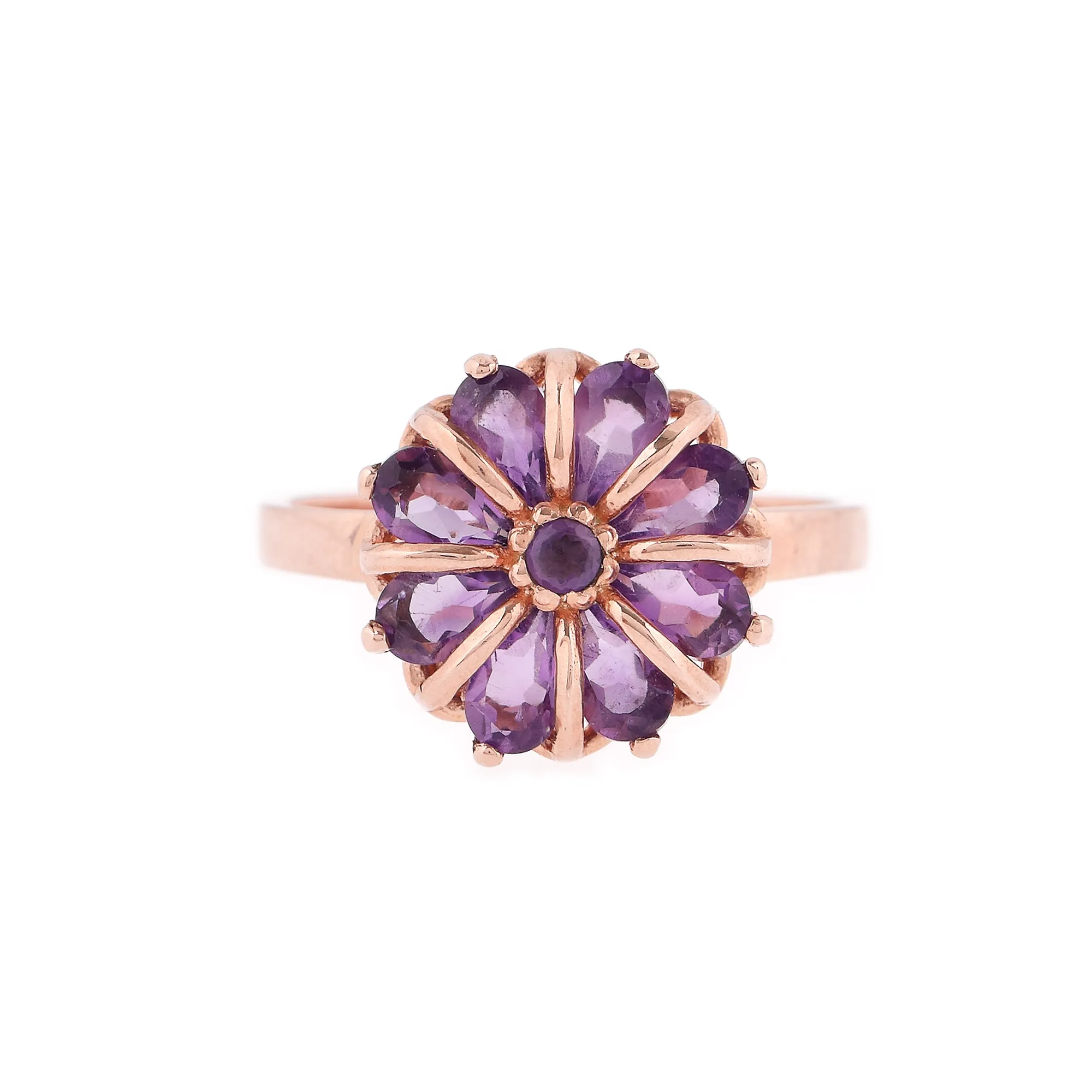Silver ring plated with rose gold, decorated with amethysts