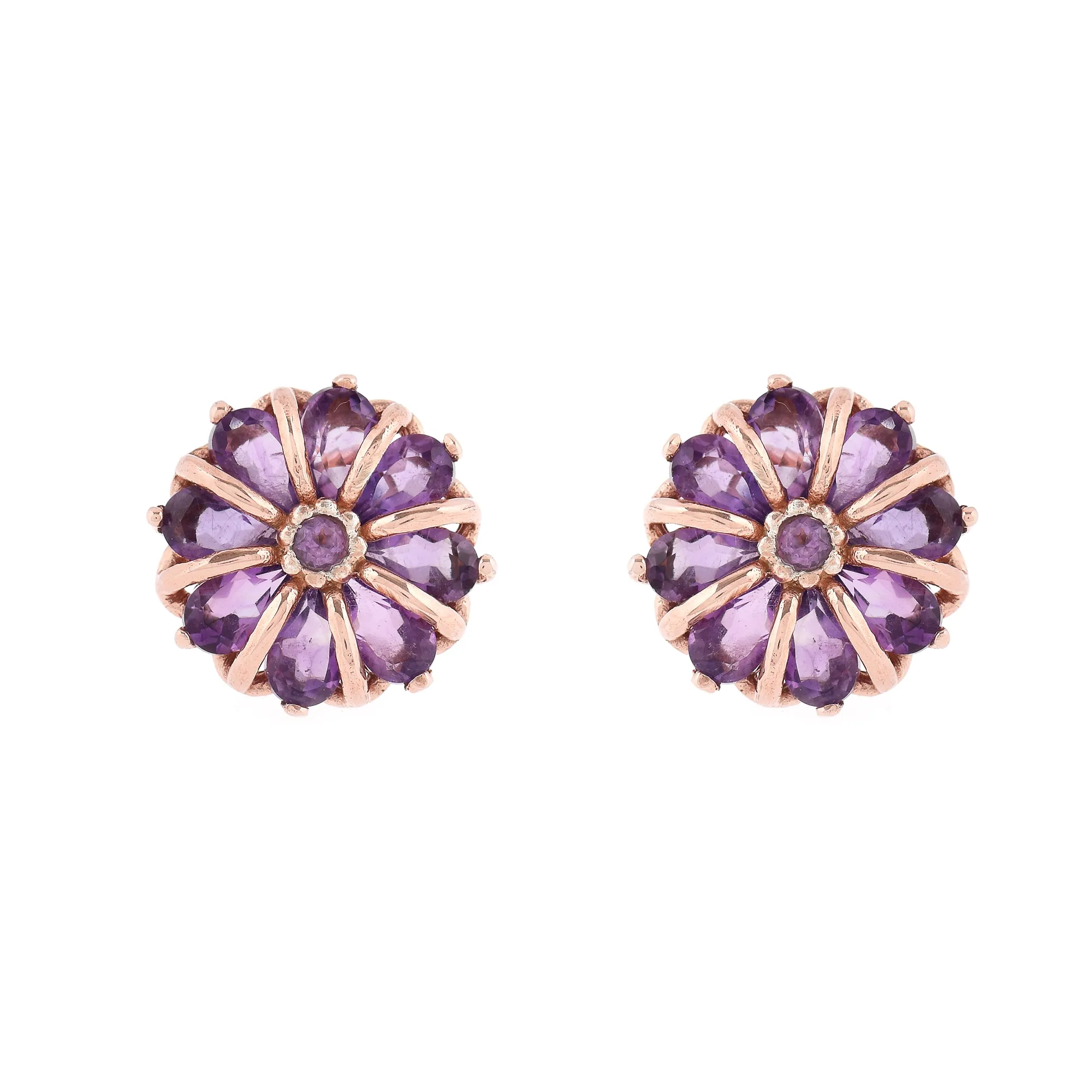 Pair of silver earrings plated with rose gold, decorated with amethysts