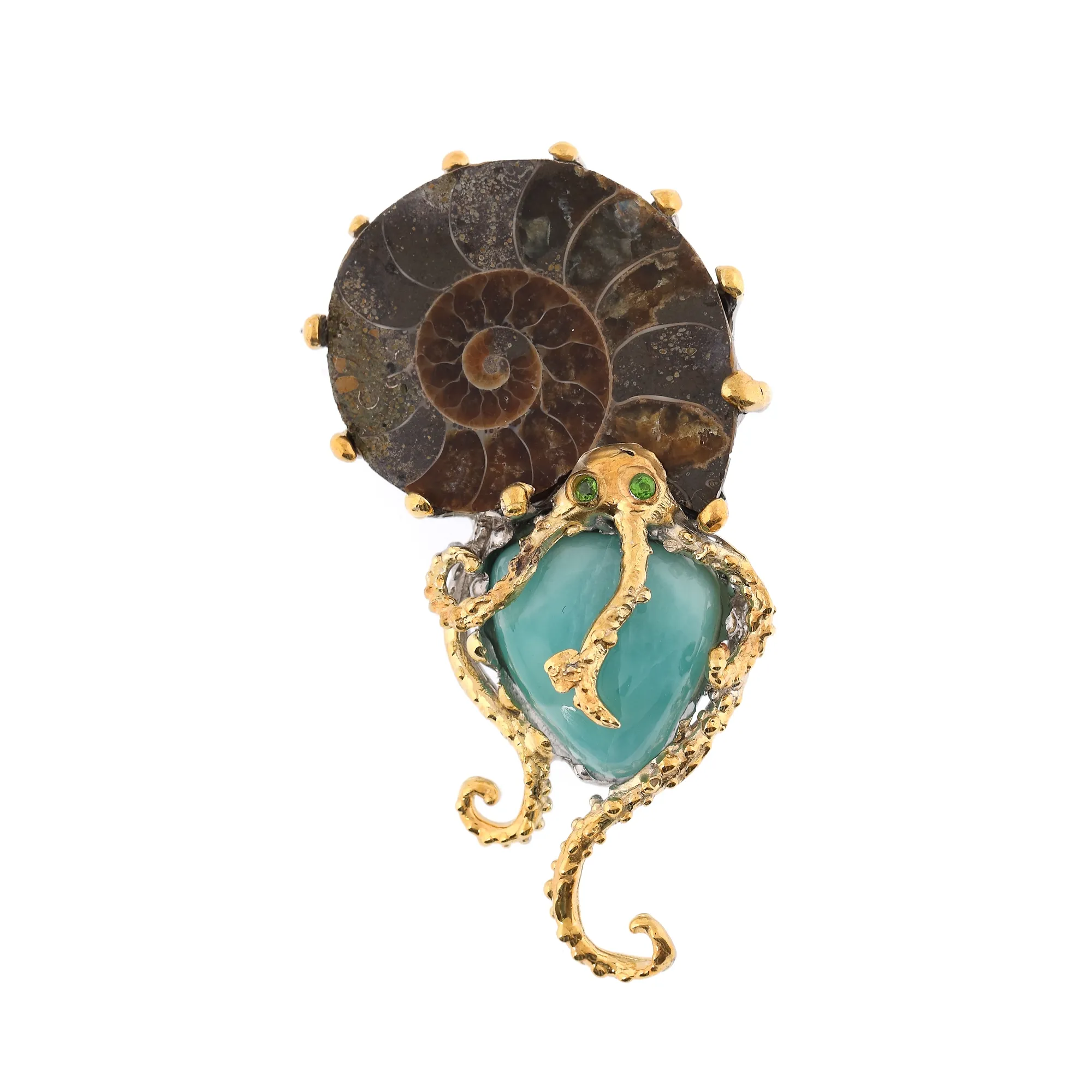 Gold-plated silver brooch-pendant decorated with ammonite, turquoise, and chrome diopside