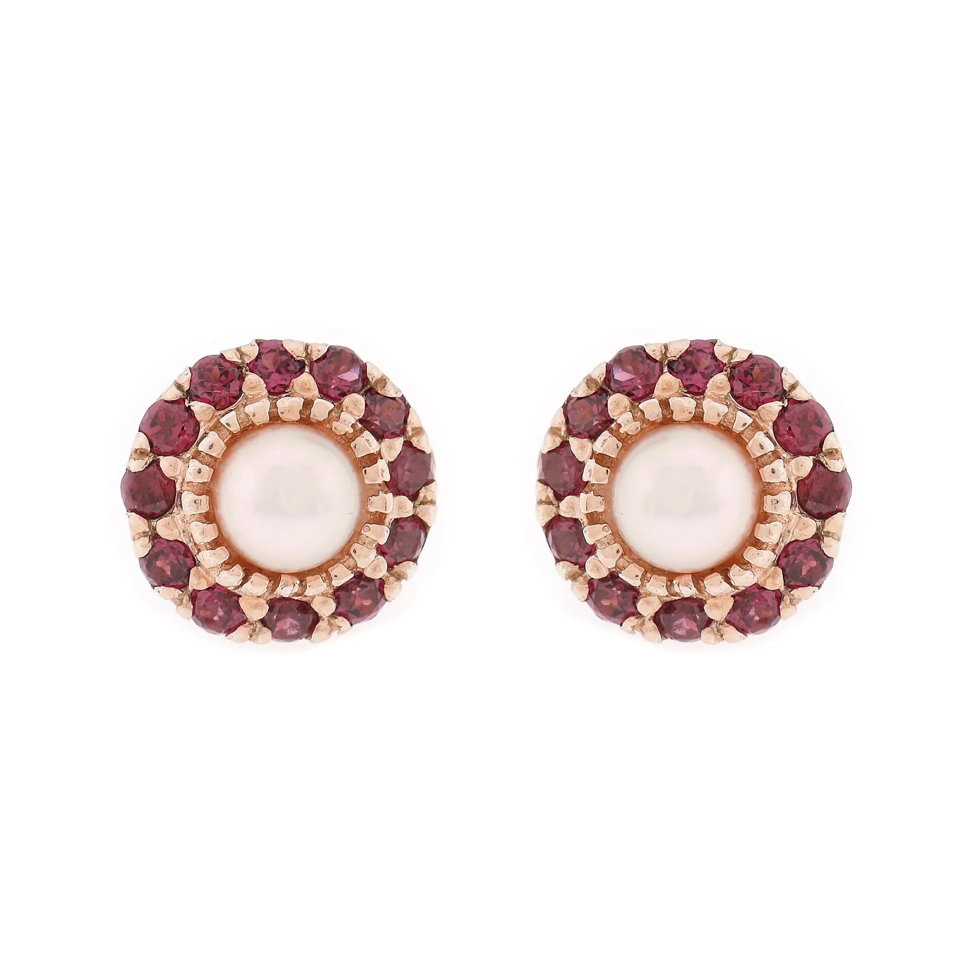 Pair of rose gold-plated silver earrings decorated with pearls and rhodolite