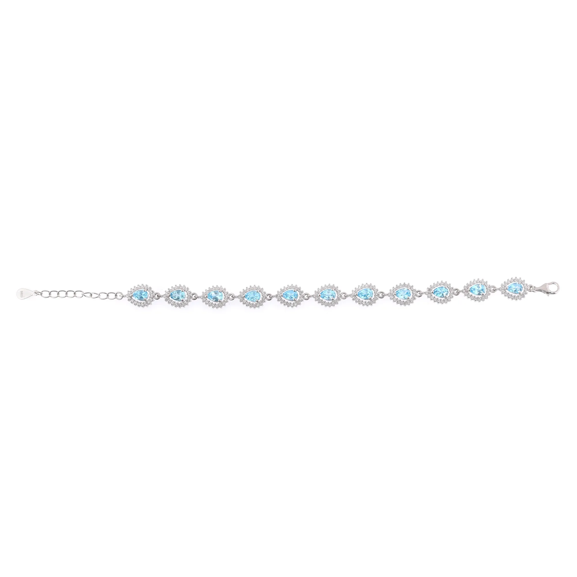 Silver bracelet decorated with blue and white topazes