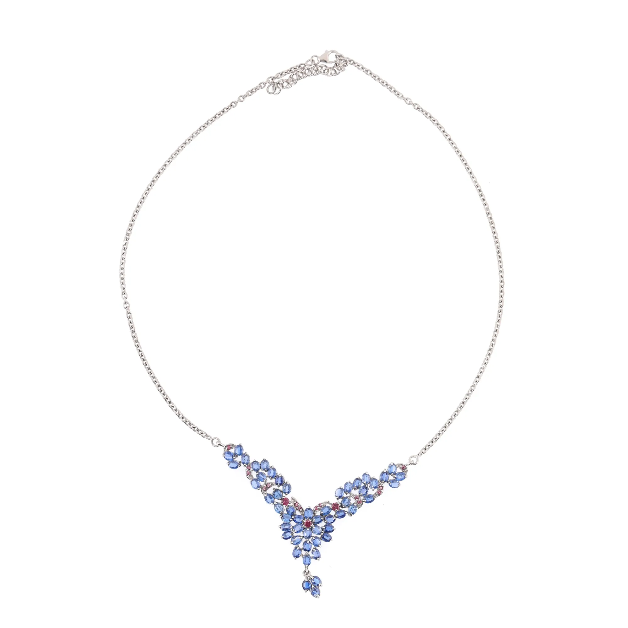 Silver necklace decorated with kyanite and rhodolite garnets