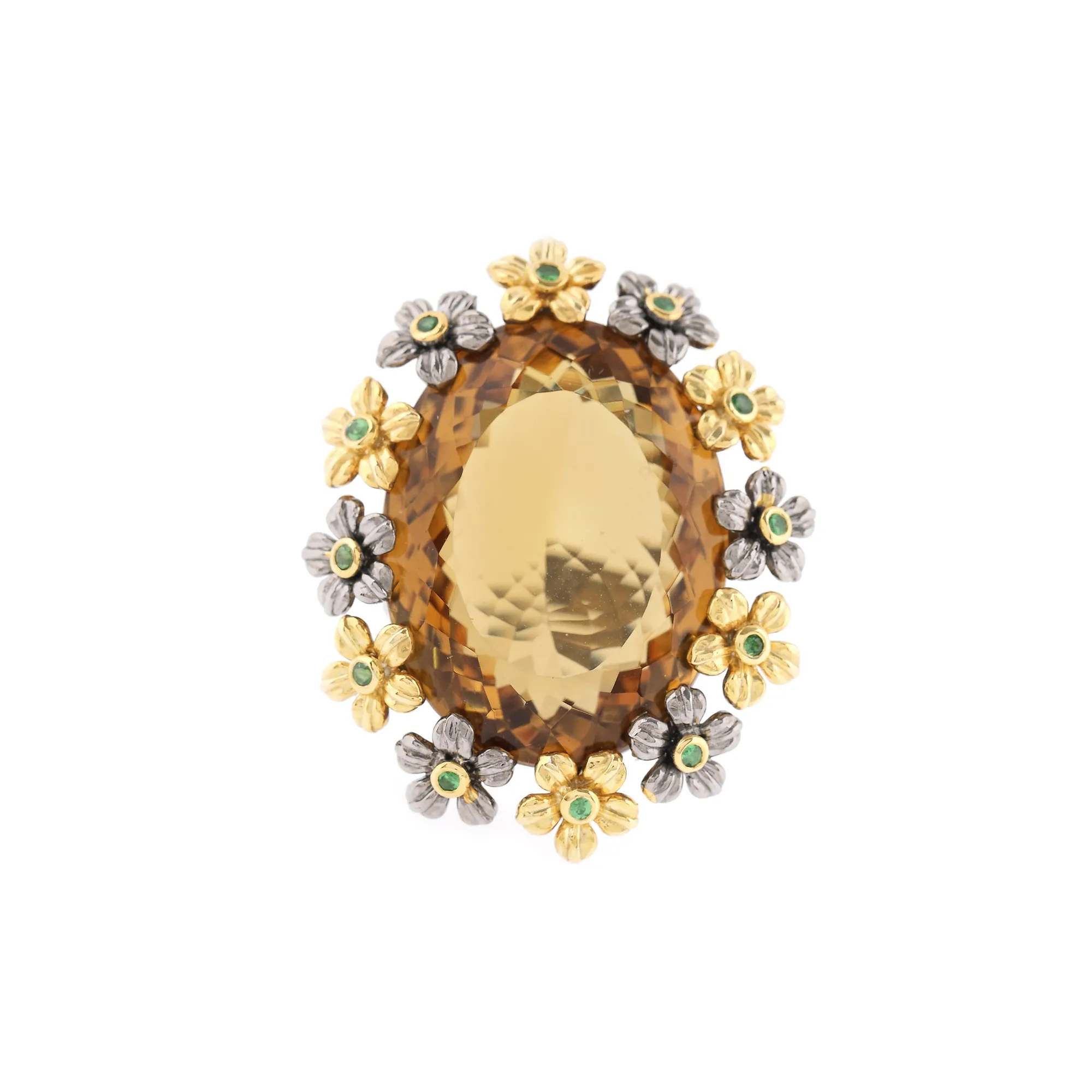 Silver ring decorated with cognac smoky quartz and emeralds