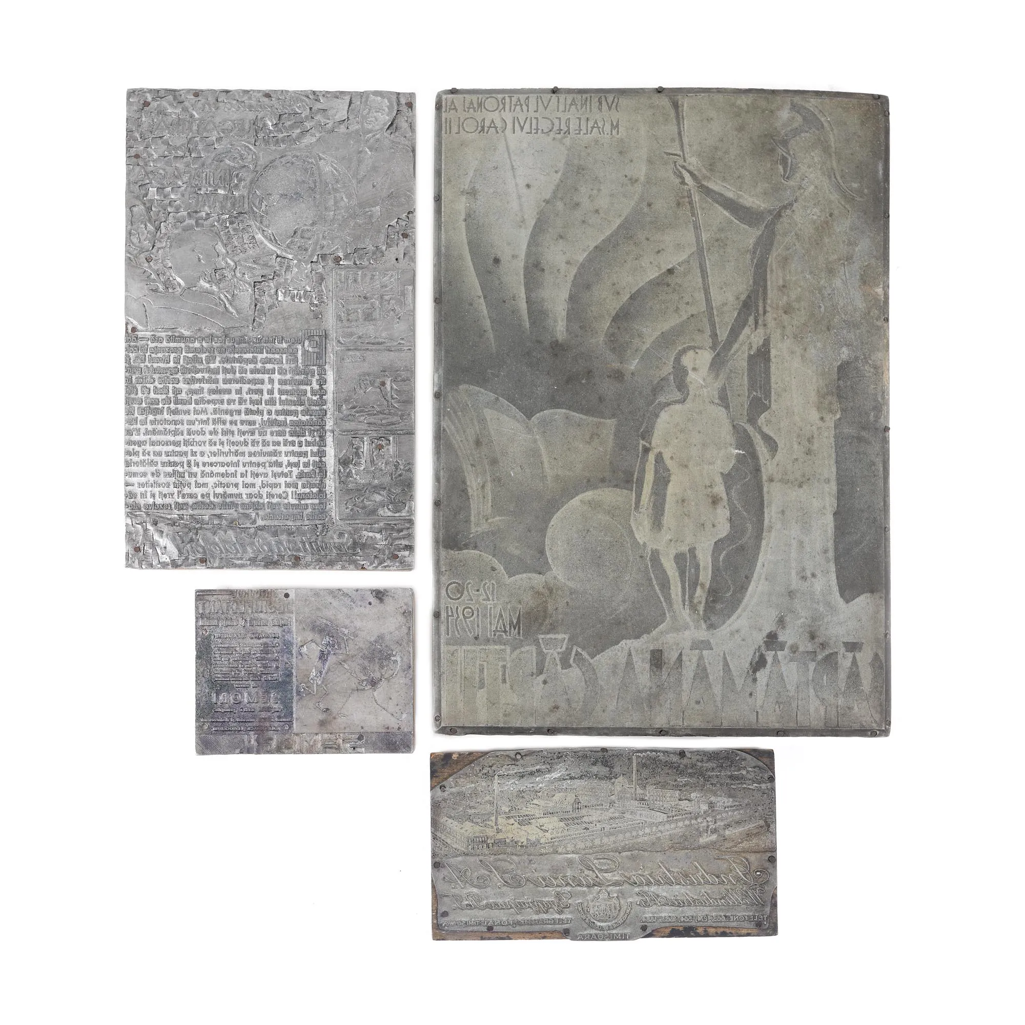 Lot format din patru plăci din zinc pentru gravură reprezentând coperta revistei ”Săptămâna Cărții”, un articol despre beneficiile telefoniei și reclamele pentru ”Industria Lânei S. A.”, ”Desinfectantul Semori”, cca. 1940