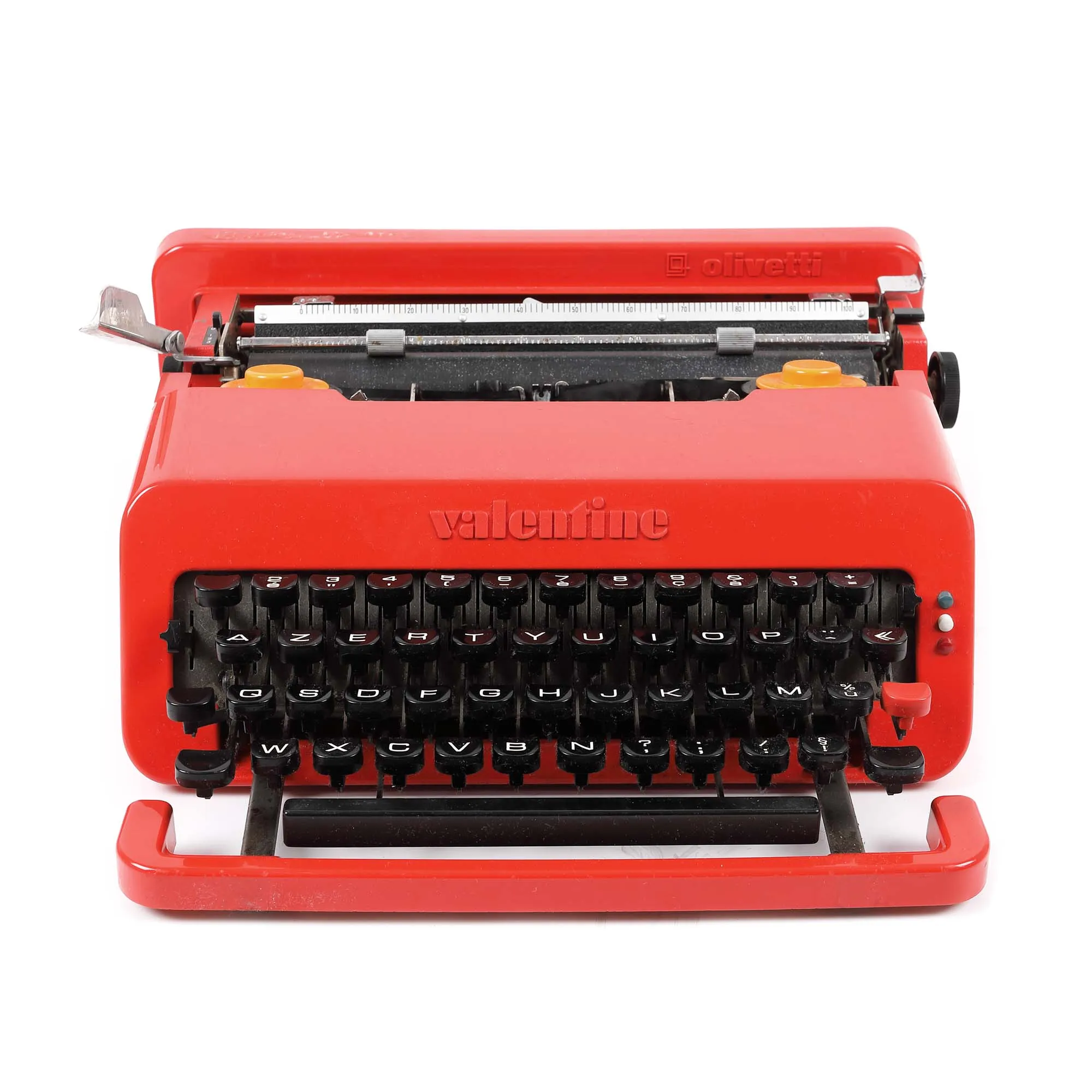 Mașină de scris Olivetti, model Valentine, design Ettore Sottsass, Italia, în cutia originală