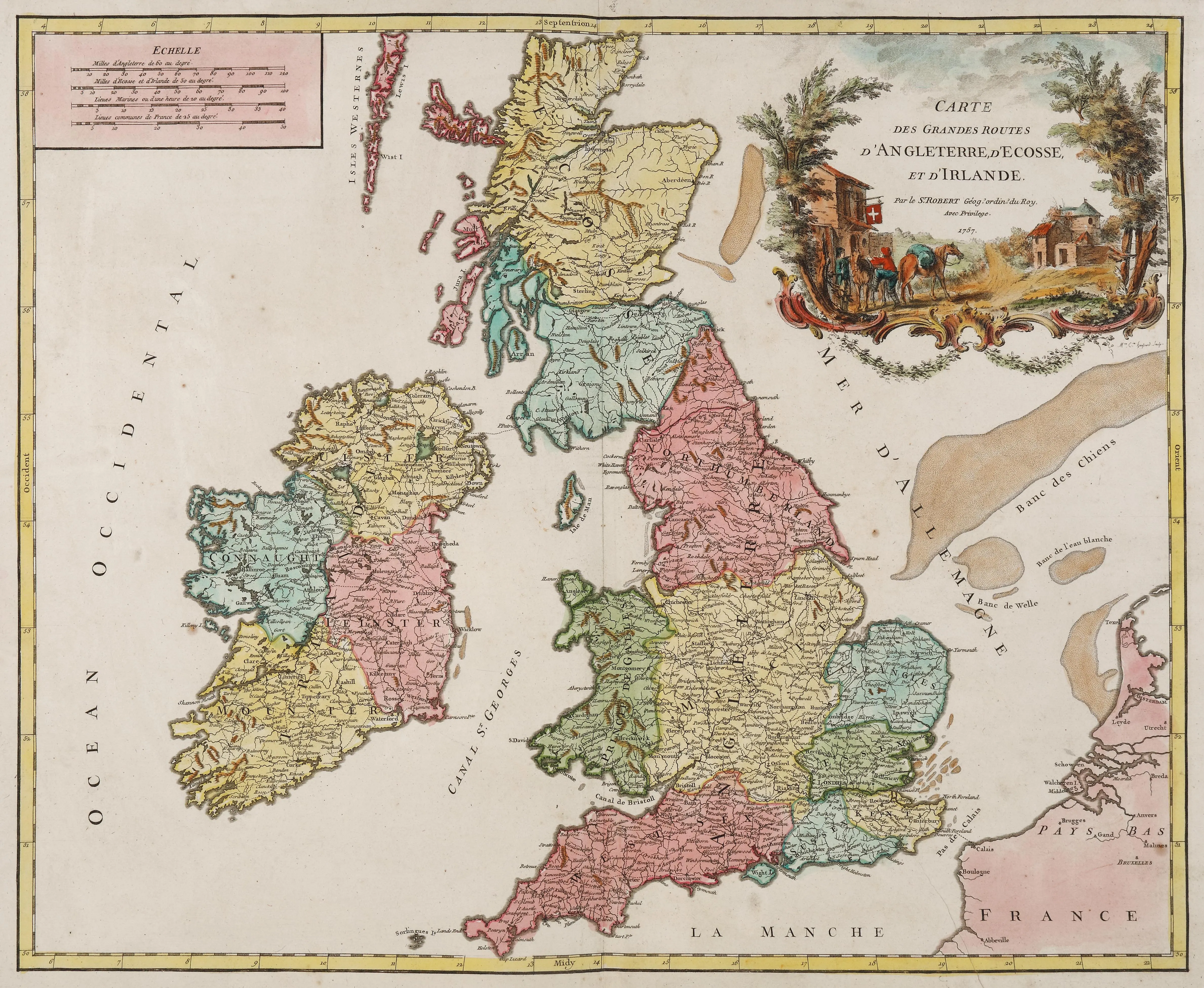Hartă ”Marea Britanie și Irlanda”, de Robert de Vaugondy, Paris, 1757