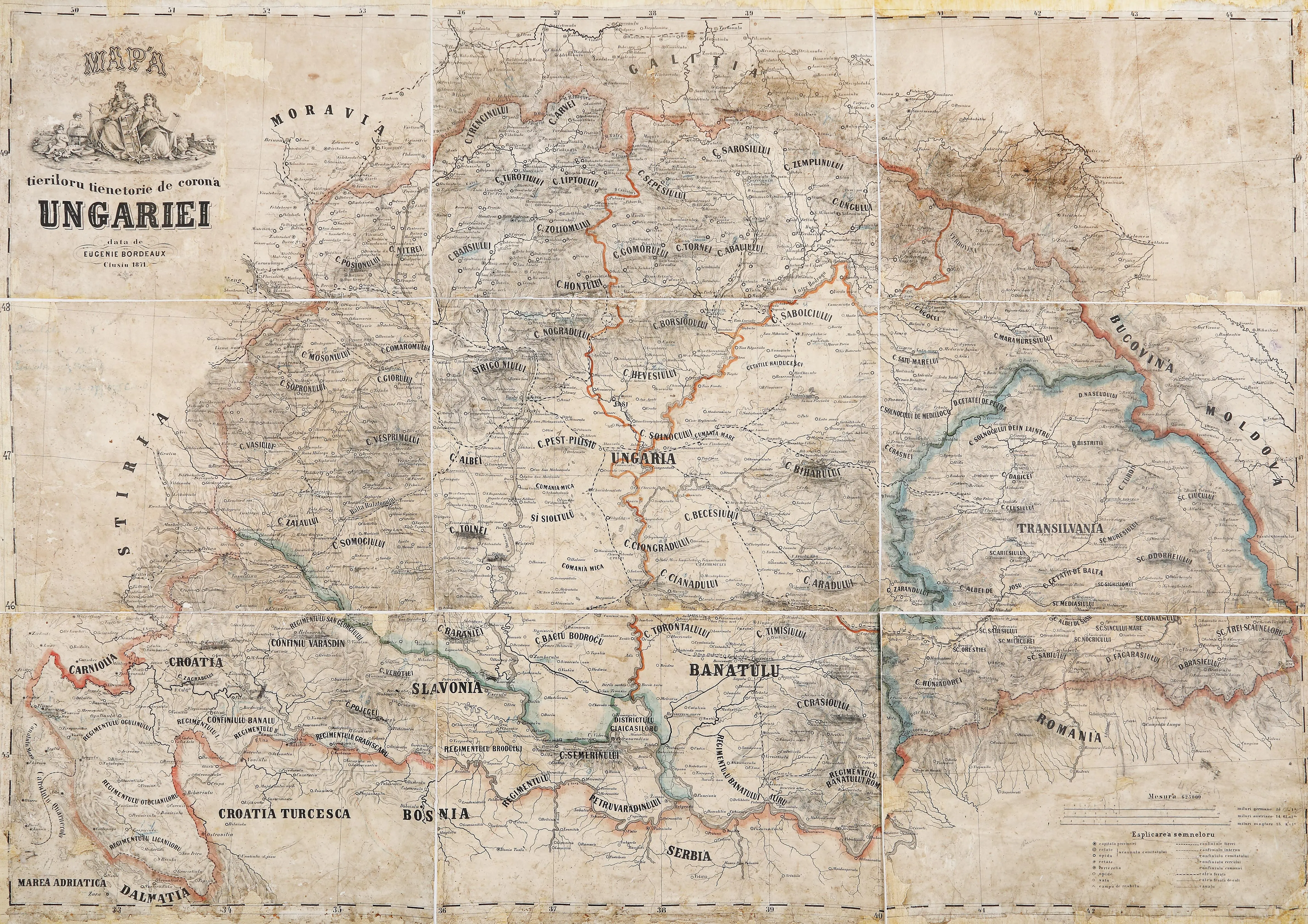 Hartă ”Ungaria Mare”, de Eugenie Bordeaux, tipărită în limba română, Cluj, 1871, raritate extremă, de colecție