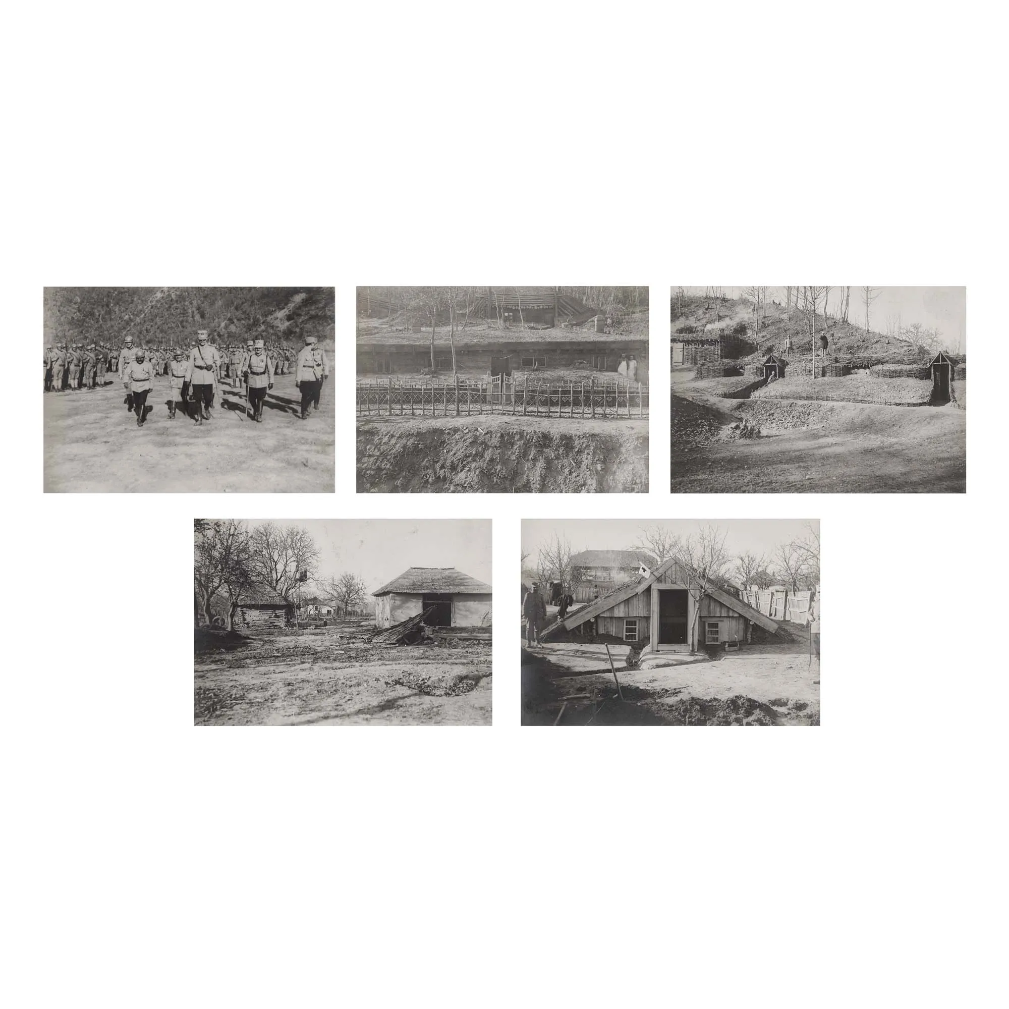 Lot format din cinci fotografii ilustrând inspectarea trupelor și a fortificațiilor de pe linia frontului de către generalul Constantin Iancovescu, ministrul războiului, Mărășești, 1917