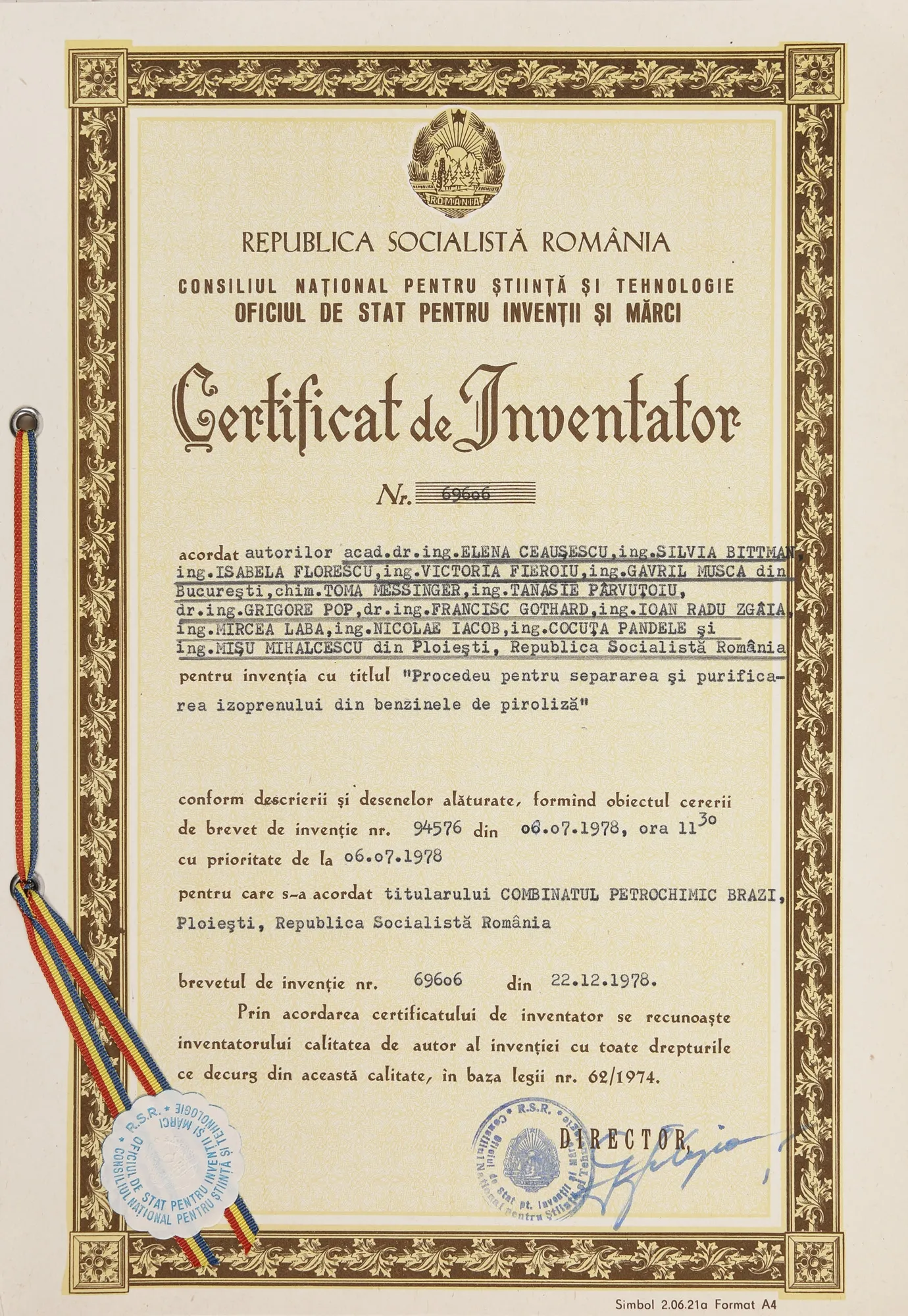 Certificatul de inventator al Elenei Ceaușescu, 22 decembrie 1978