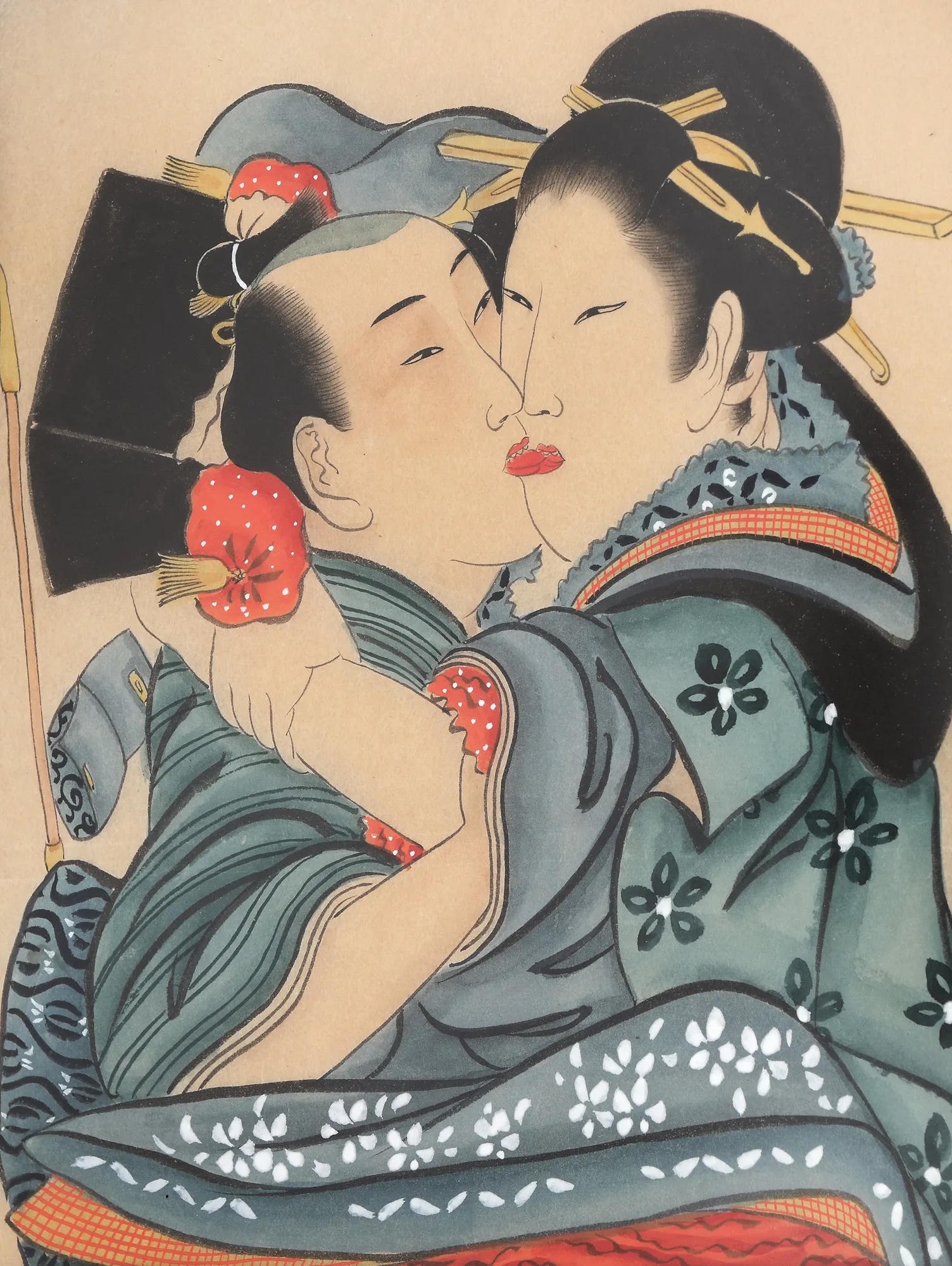 Erotic scene (Shunga), depicting a couple kissing