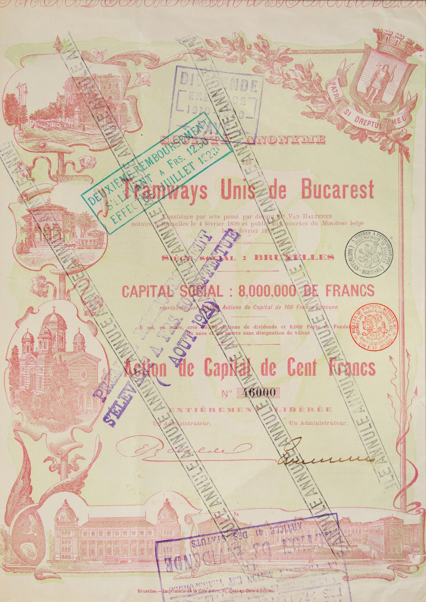 Physical share certificate worth 100 francs, for the Bucharest Tram Company, decorated with images from Bucharest, approx. 1921