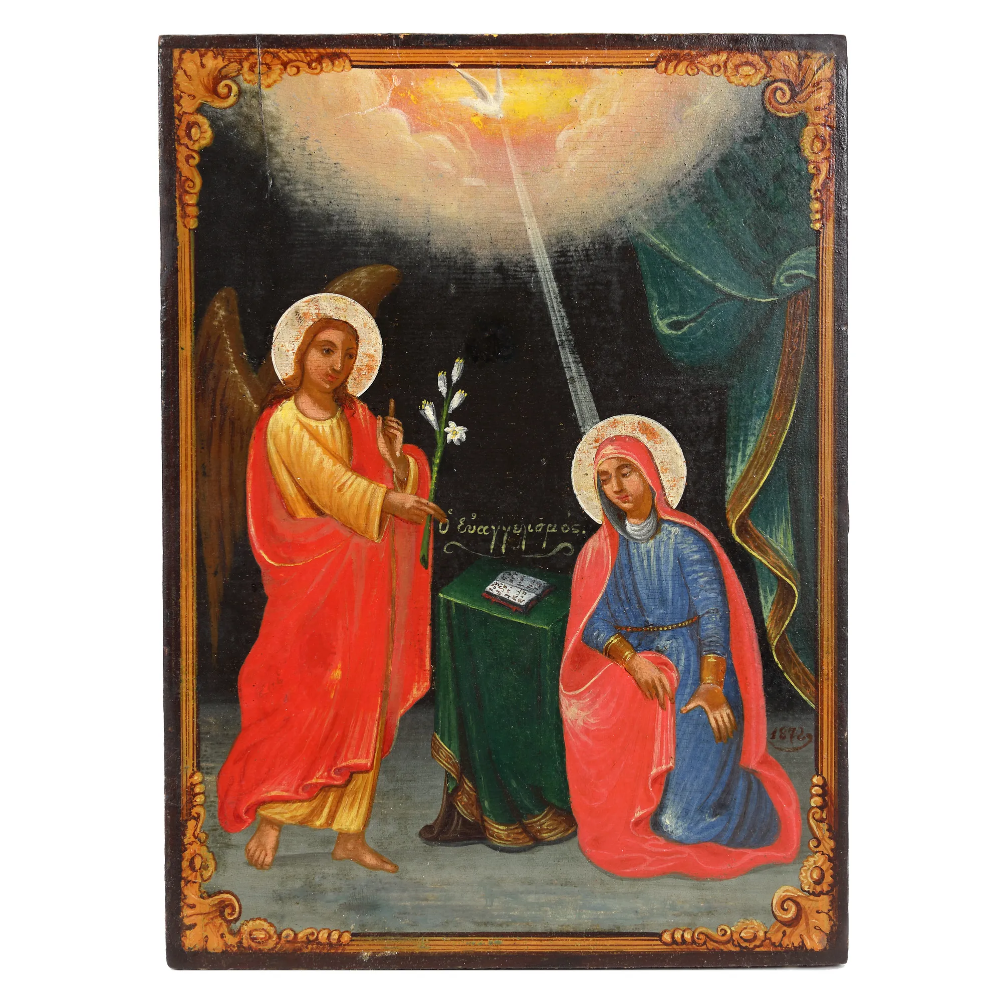 "The Annunciation", icon on wood, Greek school, 1872
