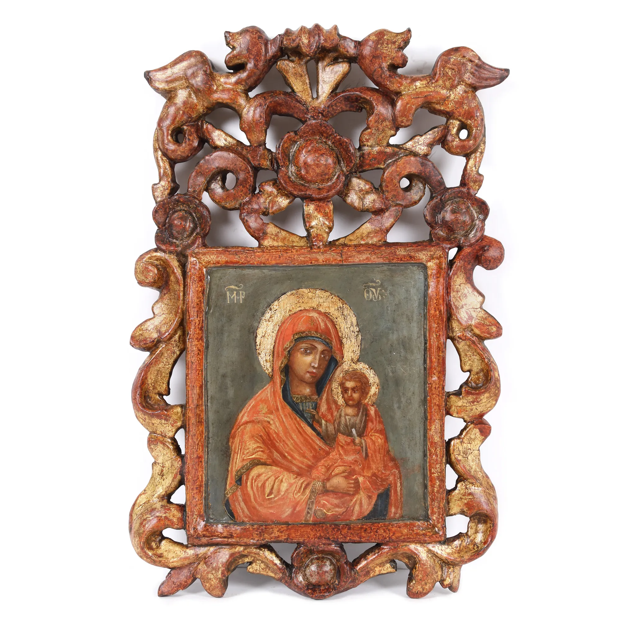 "Mother of God with Christ Child (Hodegetria)", icon on wood, carved frame, Romanian school, mid-19th century