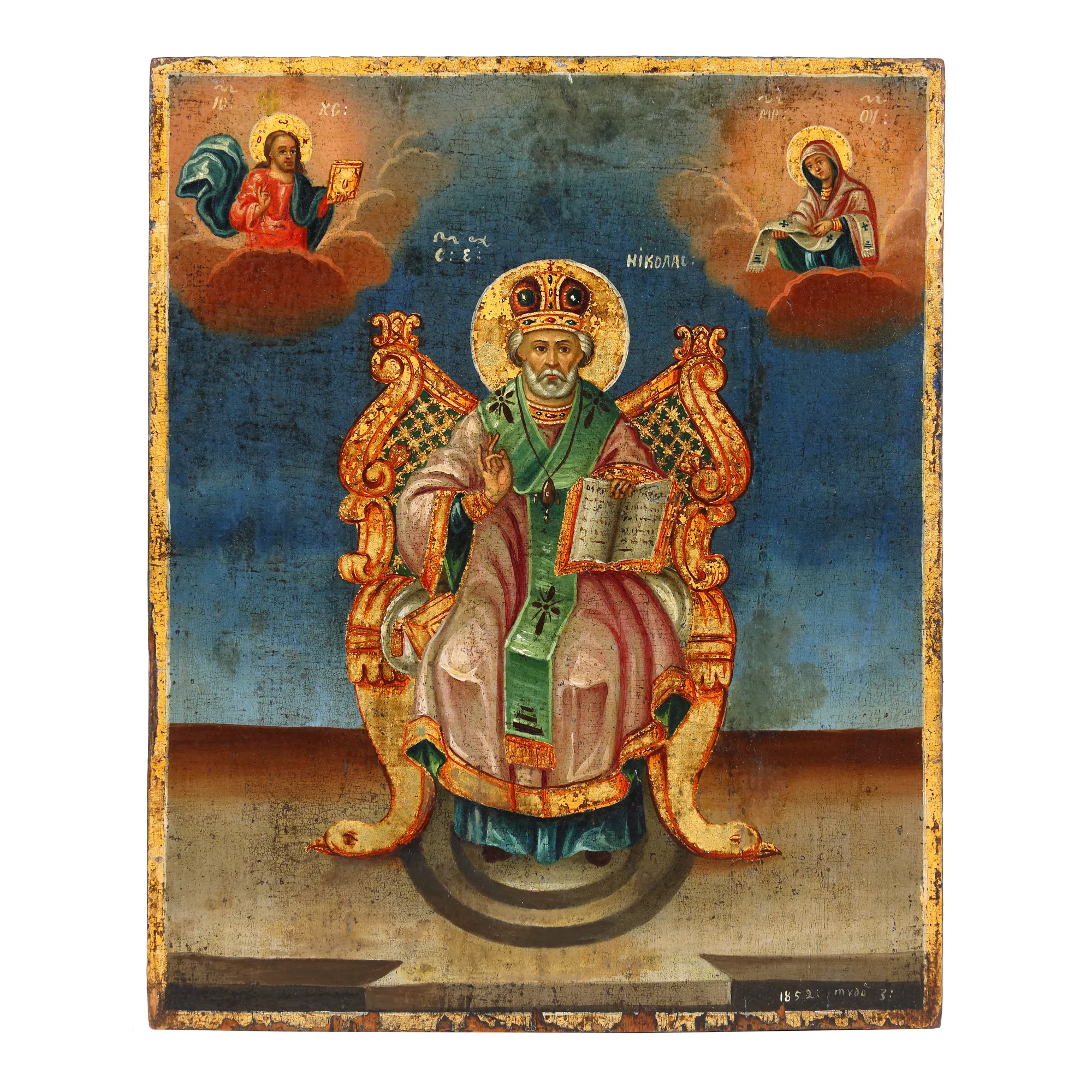 "The Holy Hierarch Nicholas on the throne", icon on wood, painter Tudor, 1852