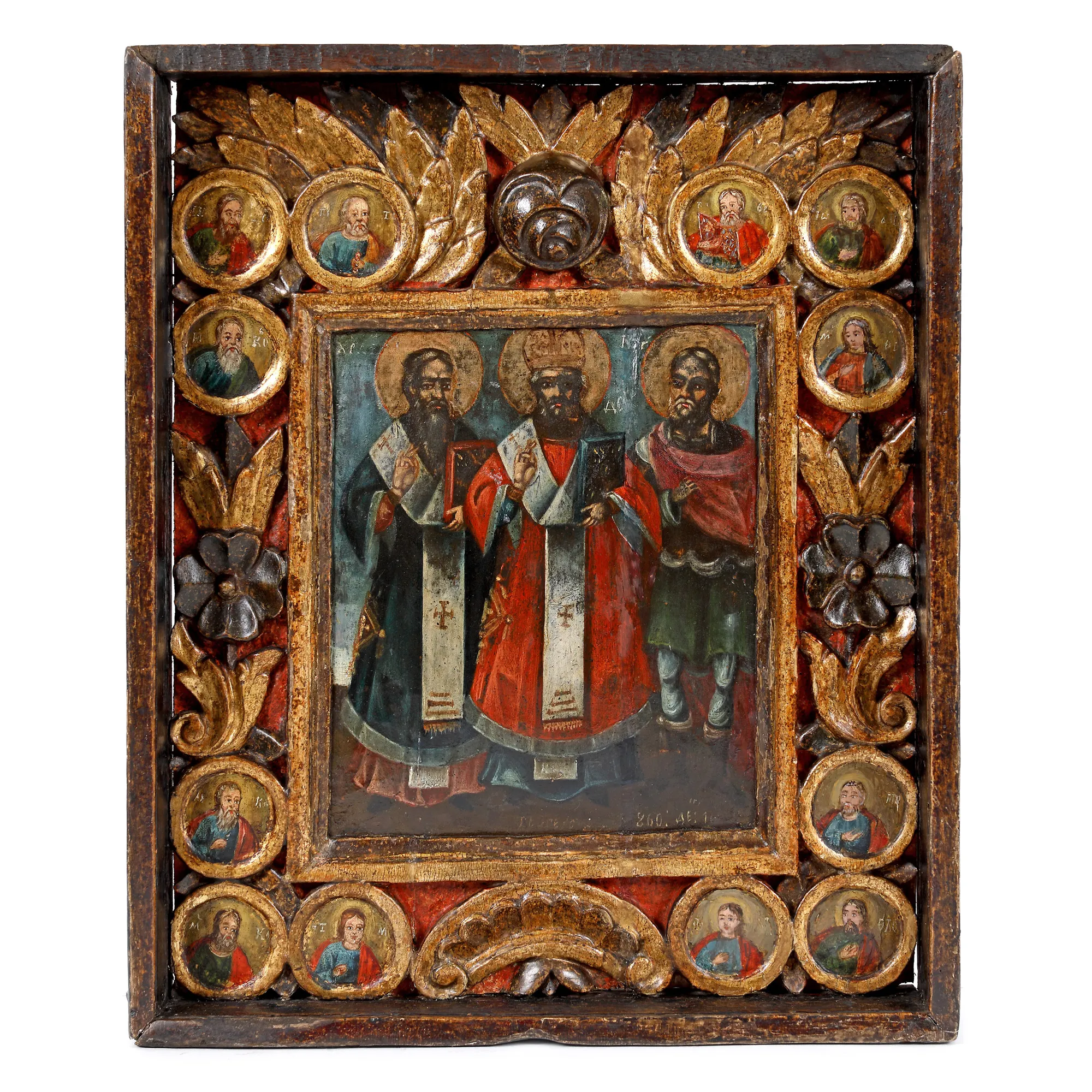 Icoană pe lemn, ”Sfinții Ierarhi Haralambie și Nicolae și Sfântul Mina”, școală românească, 1860