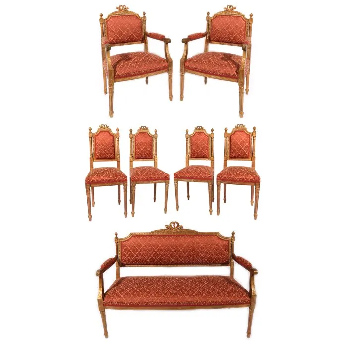 Ansamblu în manieră Louis XVI, format din canapea, două fotolii și patru scaune