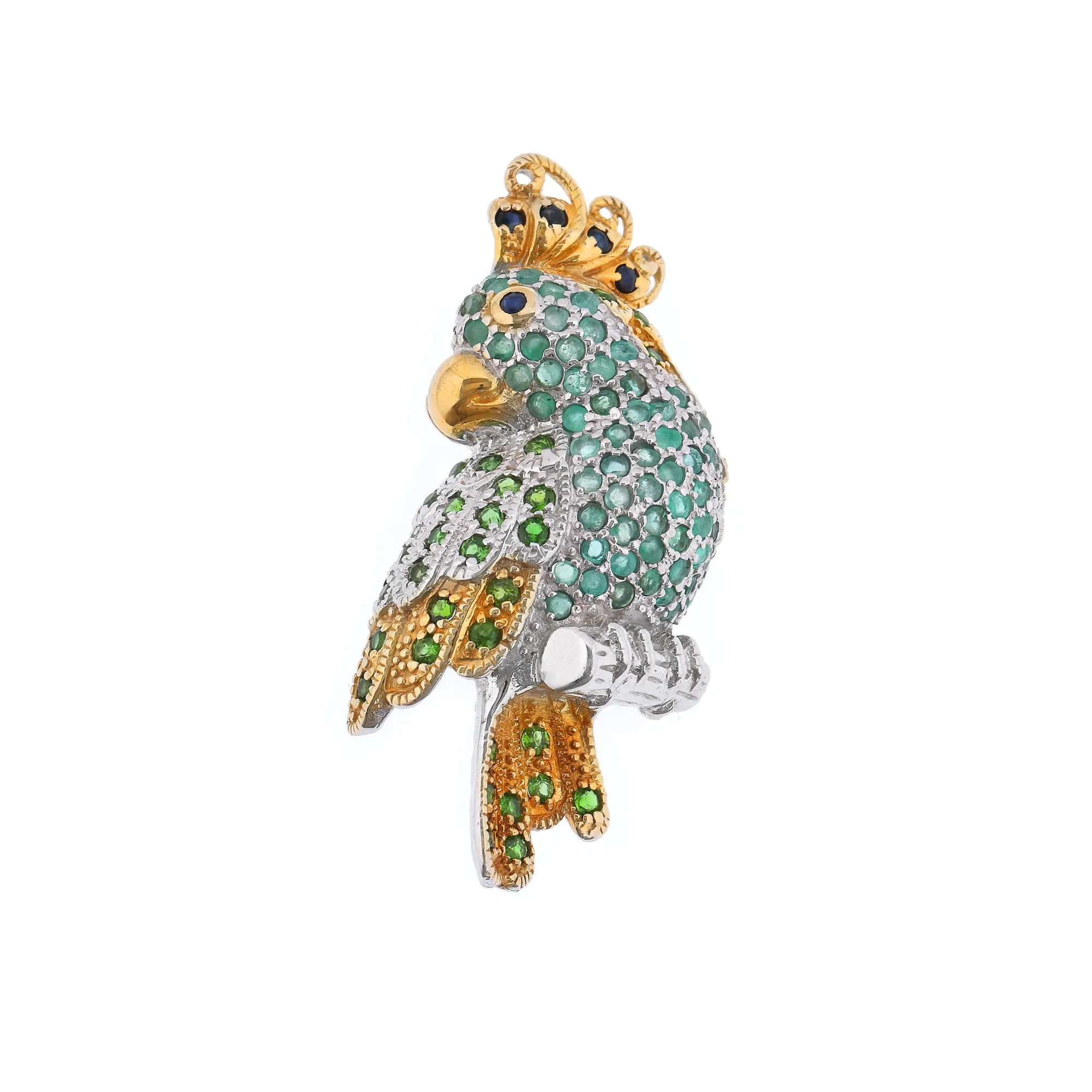 Gold-plated silver brooch decorated with sapphires, smaragd and chrome diopside