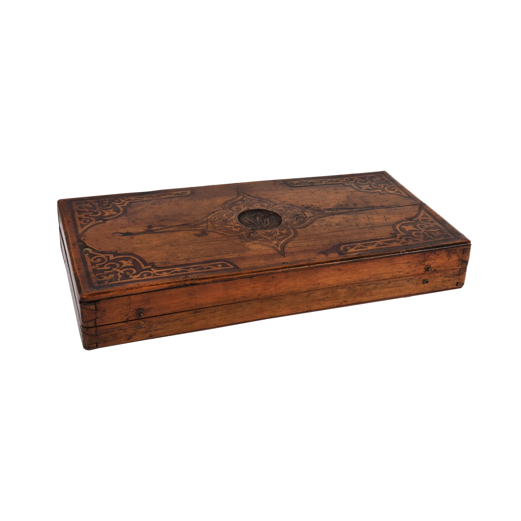 Wooden table box, handcrafted, decorated with Oriental motifs and monogram, early 20th century