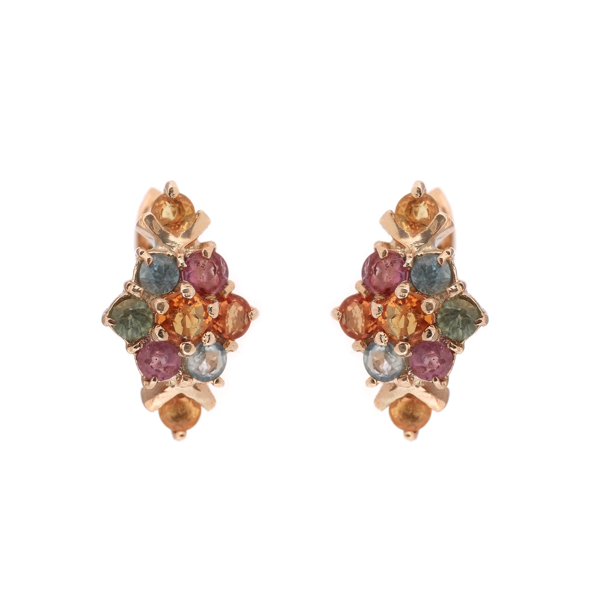 Pair of gold-plated silver earrings decorated with multicolored sapphires