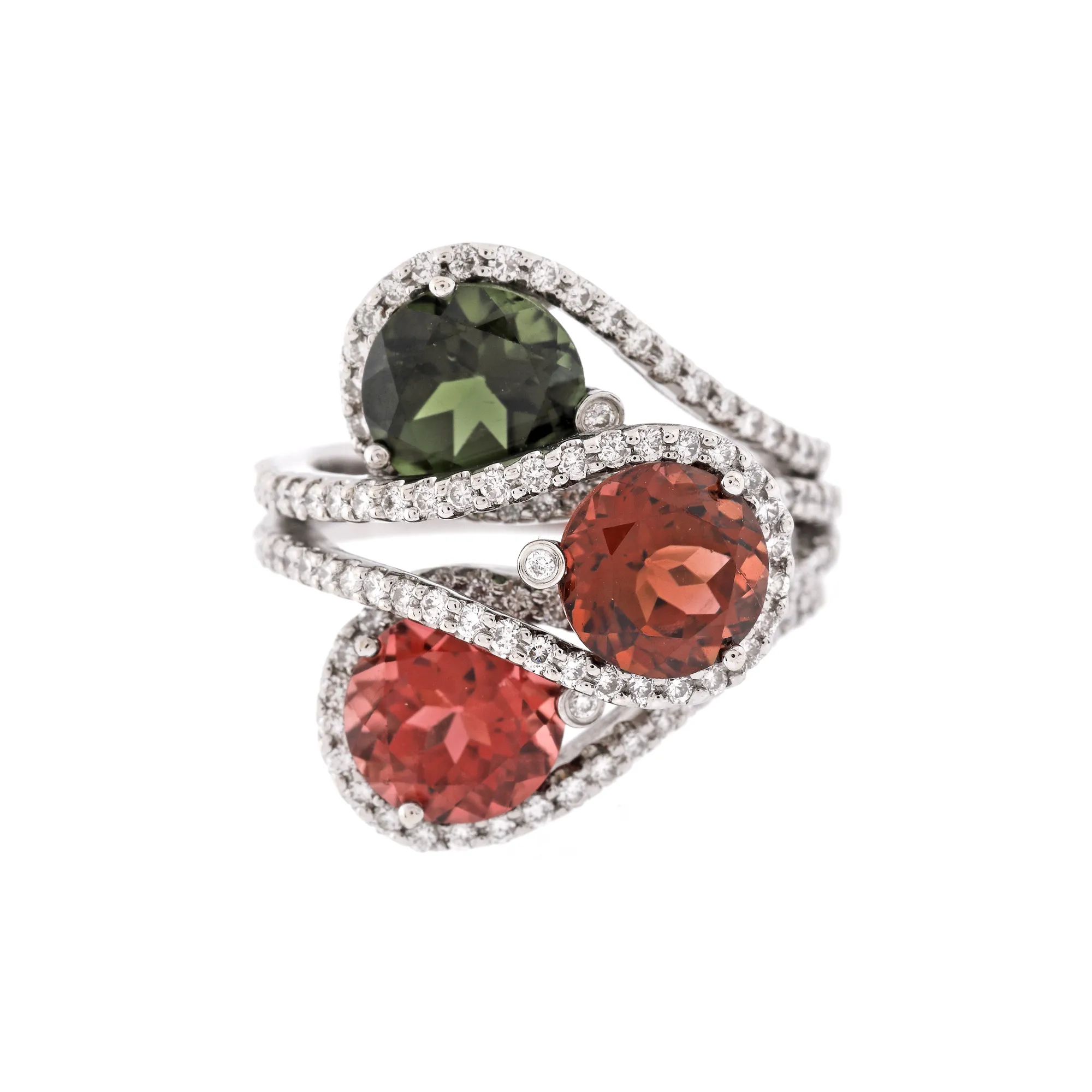 White gold ring, adorned with tourmalines surrounded by diamonds