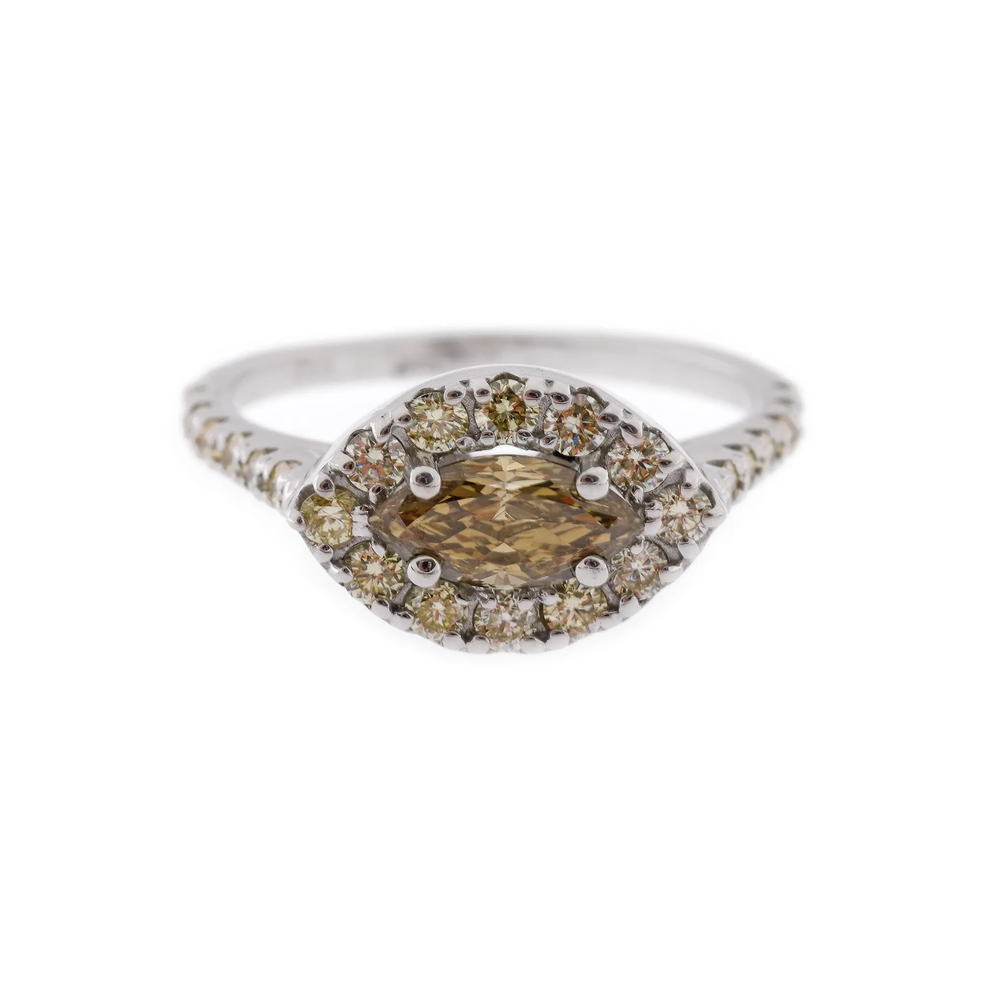 Inel din aur alb, ornat central cu diamant yellowish-green marchiză și diamante galbene alăturate