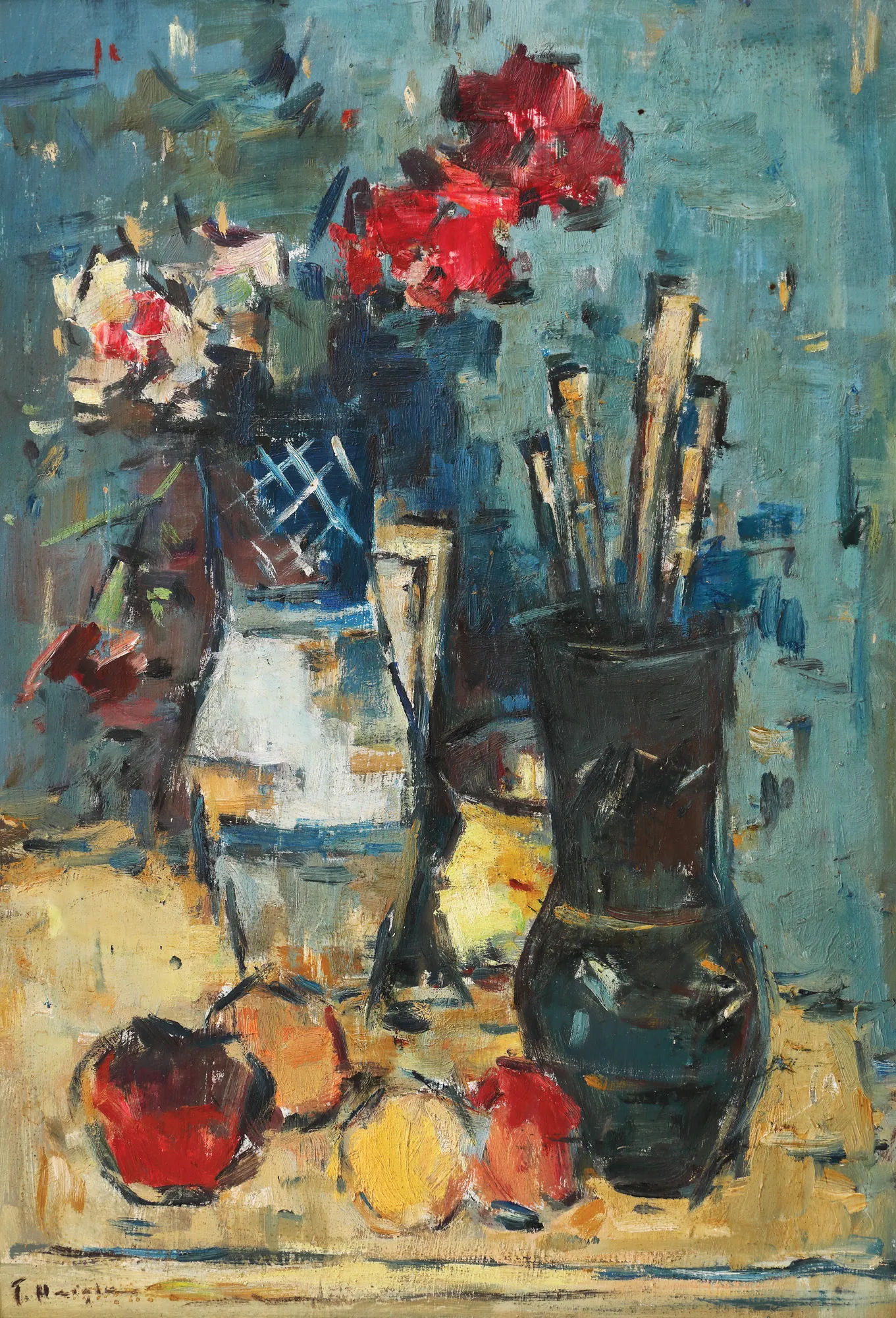 Still Life with Brushes and Jug with Carnations