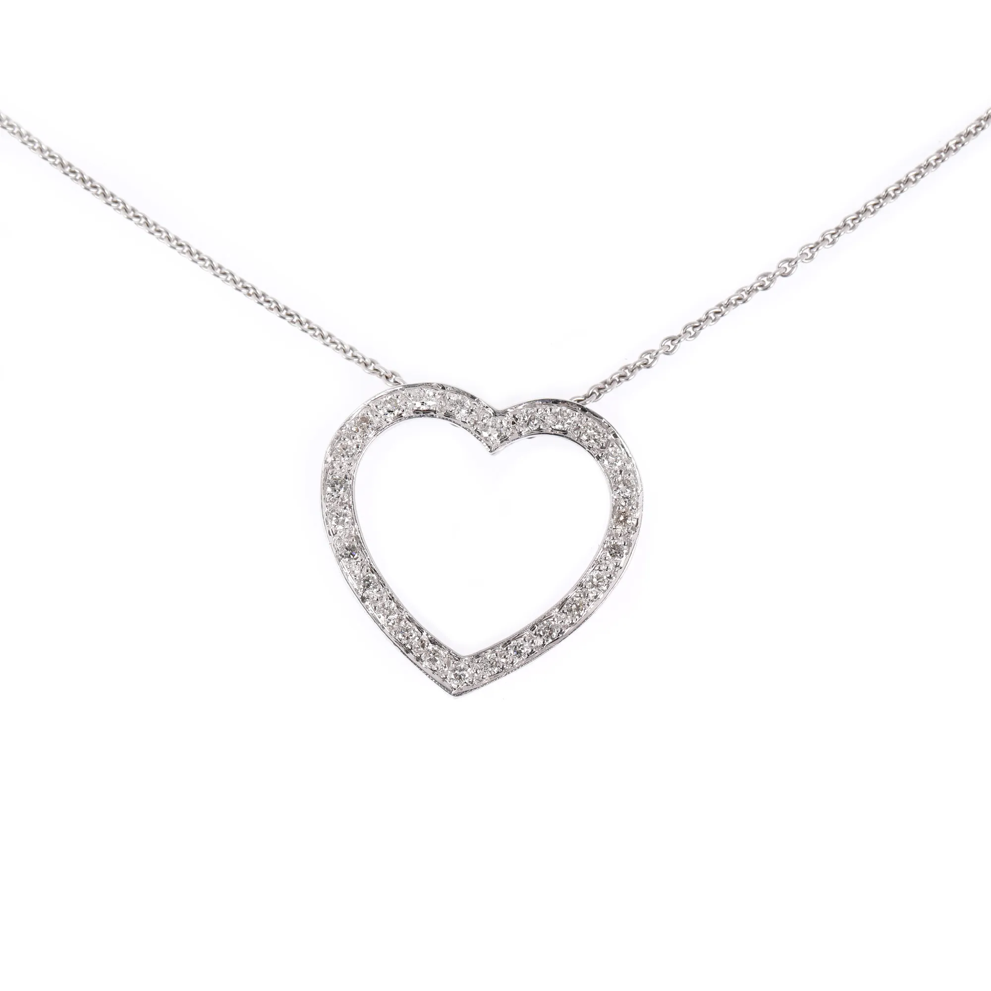 White gold chain with pendant, heart-shaped, trimmed with diamonds