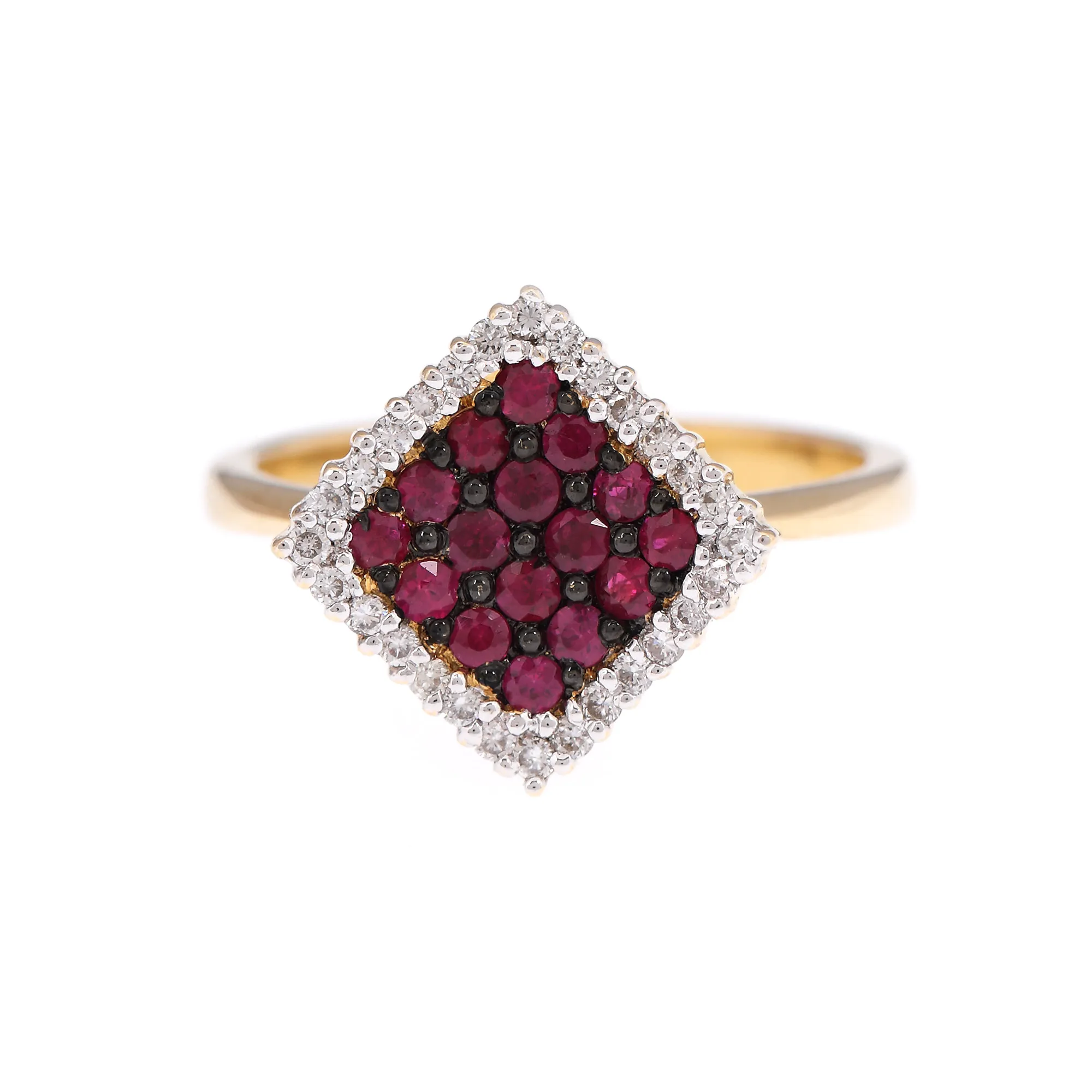 Gold ring, decorated with rhombus of diamonds and rubies