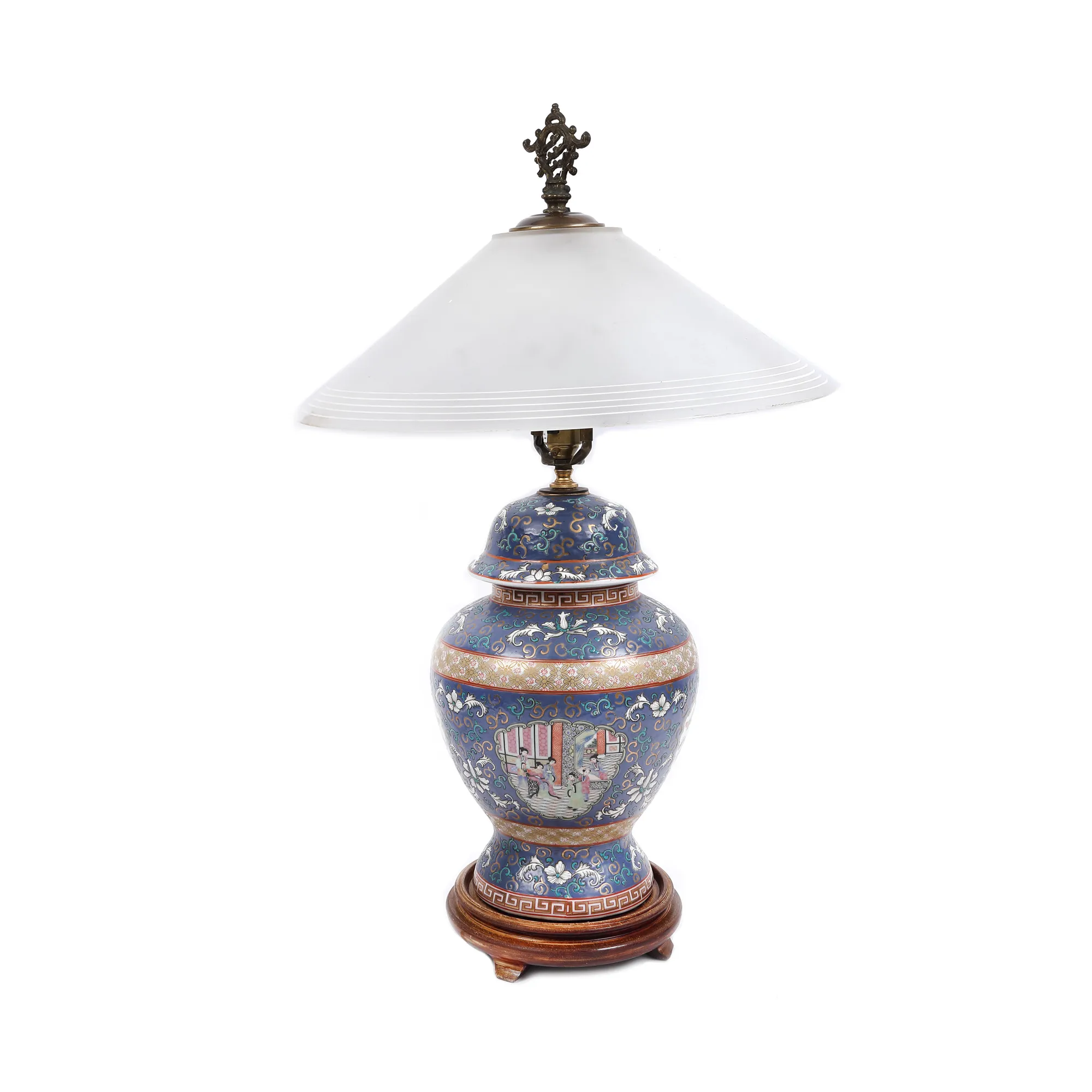 Lampă din porțelan și sticlă, cu decor chinoiserie