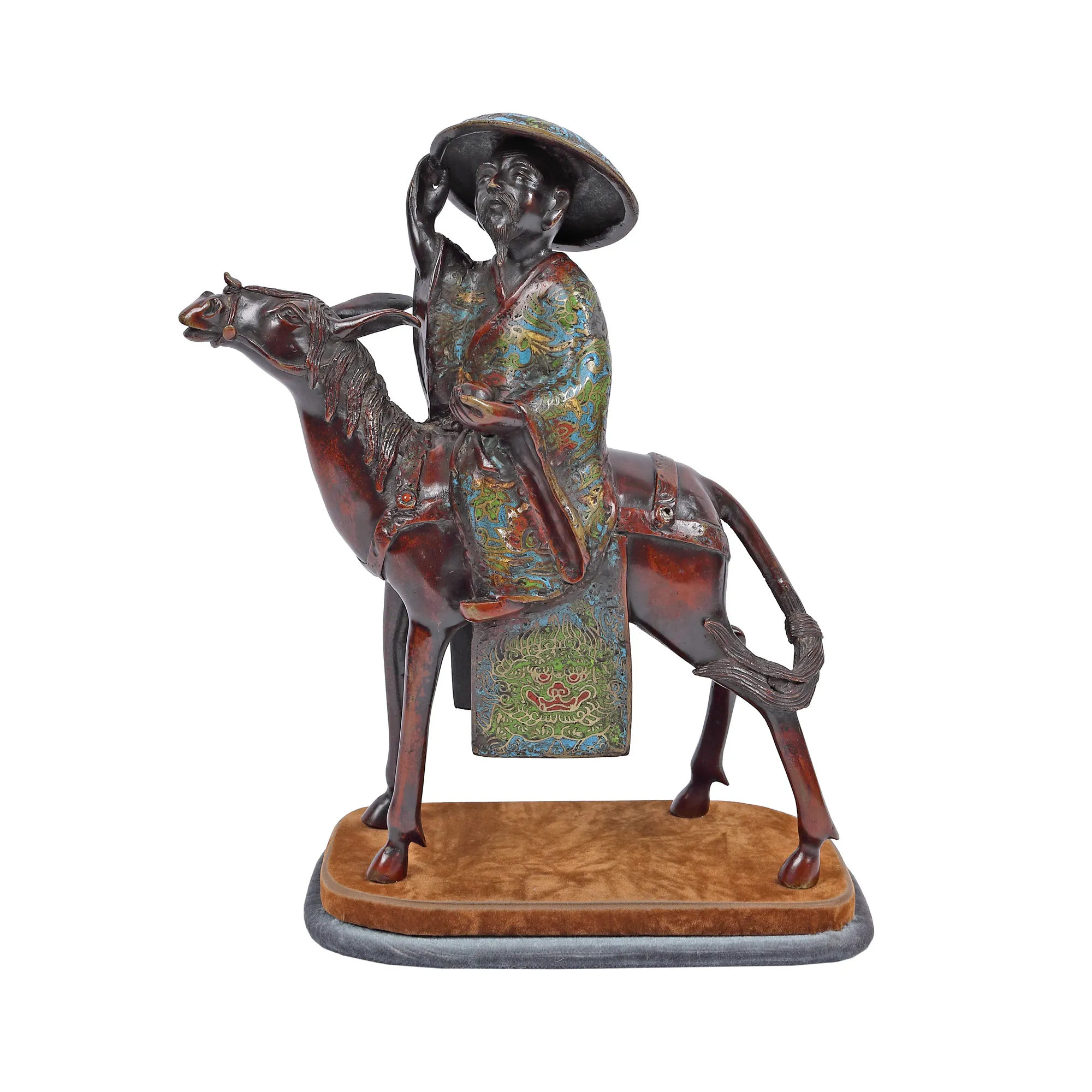 Statuetă din bronz, ilustrând un cărturar pe catâr, decorat în tehnica cloisonné, perioada dinastiei Qing, China, începutul sec. XX