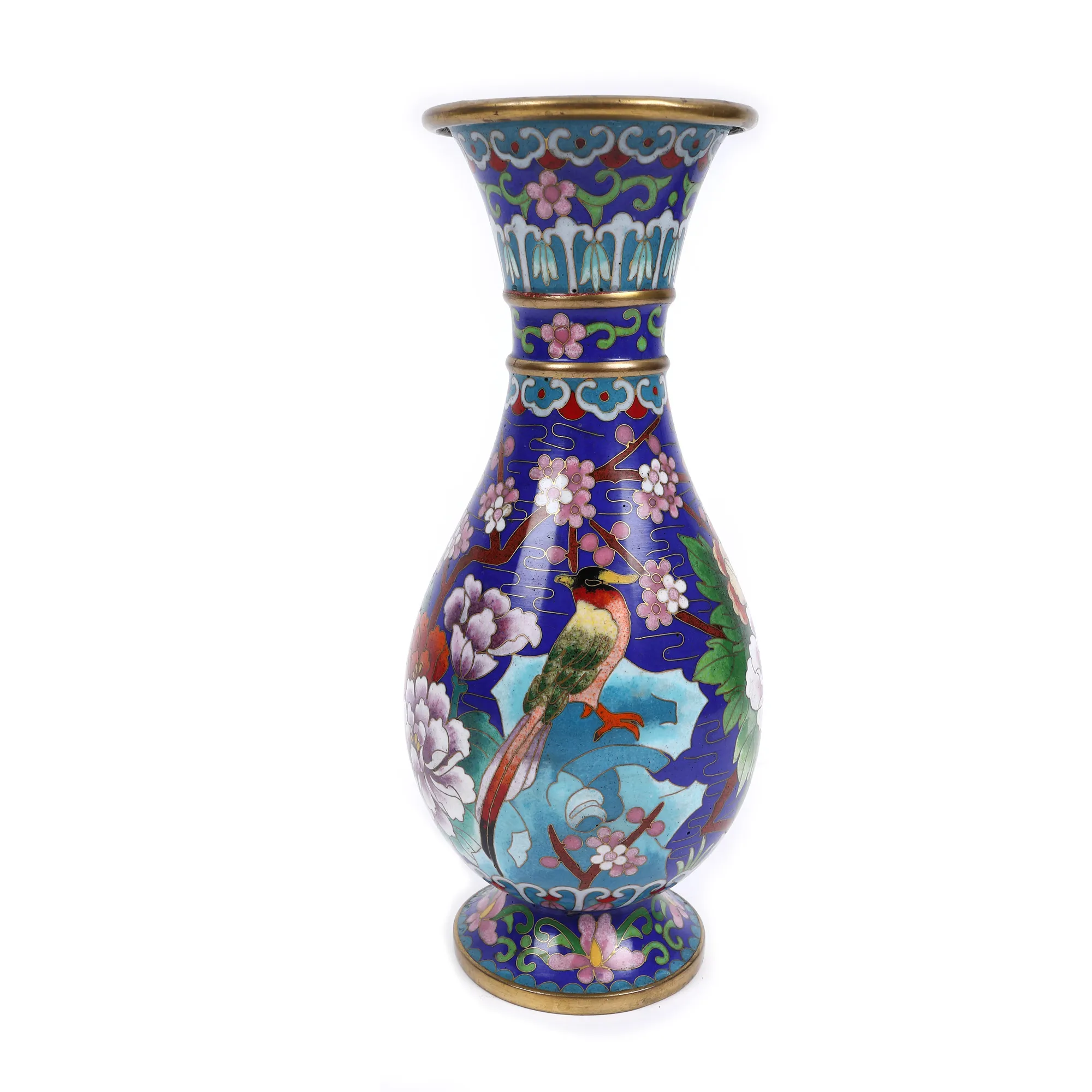 Vas din bronz decorat cu pasări exotice și flori de cireș, pe fond albastru cobalt, în tehnică cloisonné, Japonia, mijlocul sec. XX