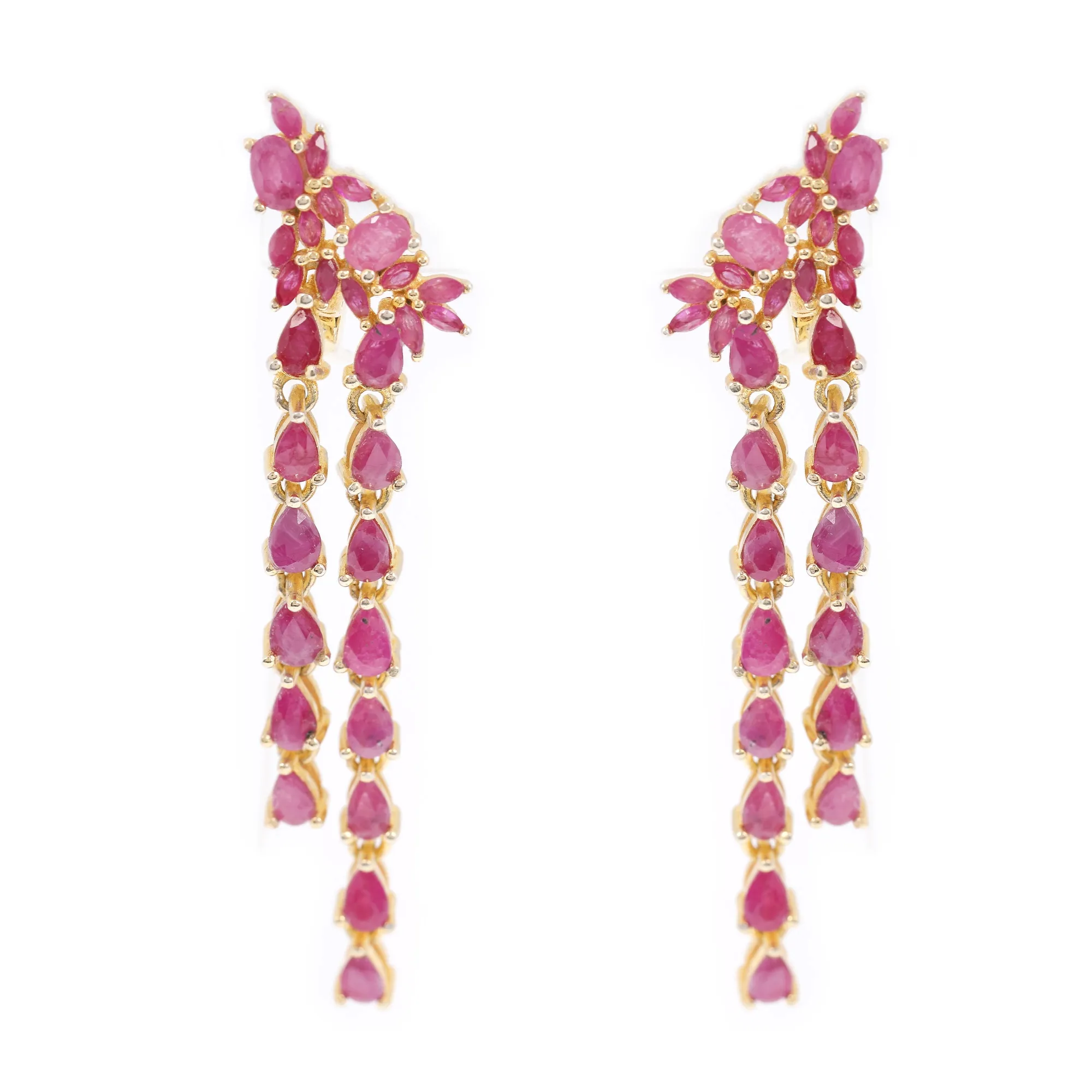 Pair of gold-plated silver earrings decorated with rubies