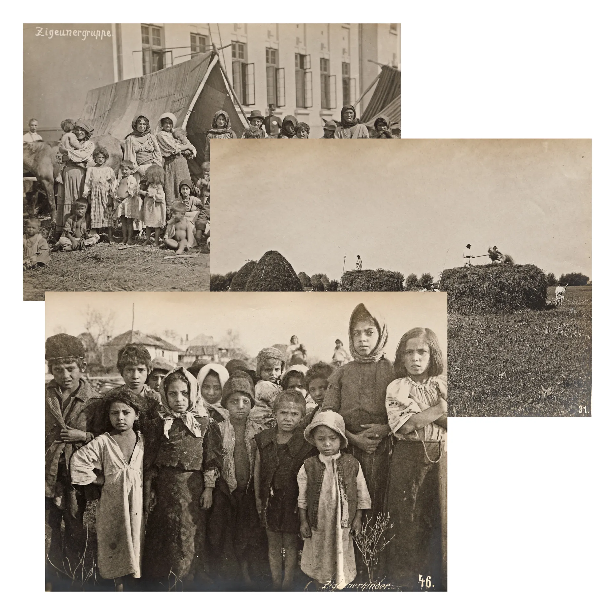 Lot format din 6 fotografii ilustrând un grup de agricultori țigani în Băneasa, prima jumătate a sec. XX