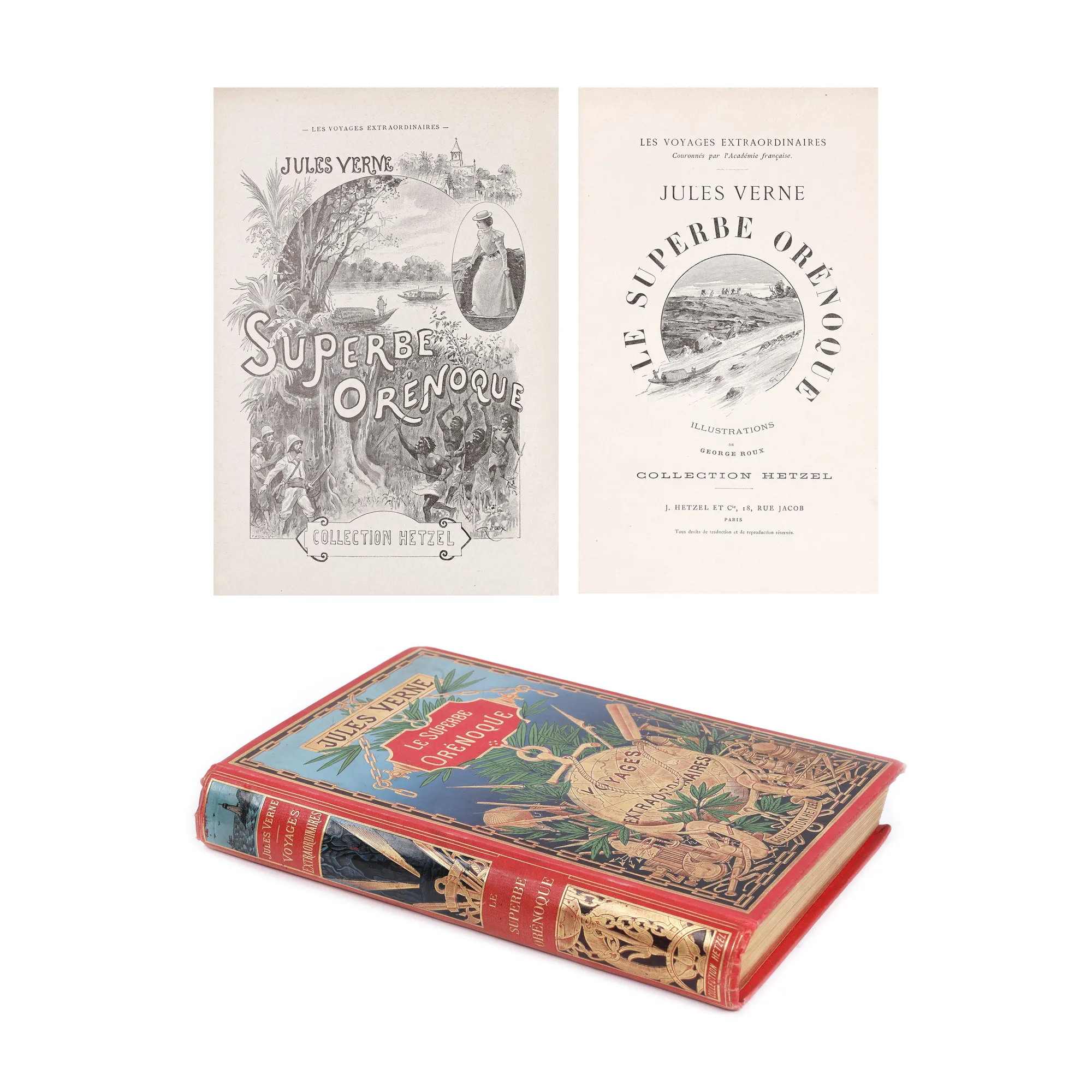 ”Grandiosul Orinoco”, de Jules Verne, franceză, Paris, 1898, exemplar bibliofil, cu ex-libris Virginia Antonescu și 20 de ilustrații realizate de George Roux