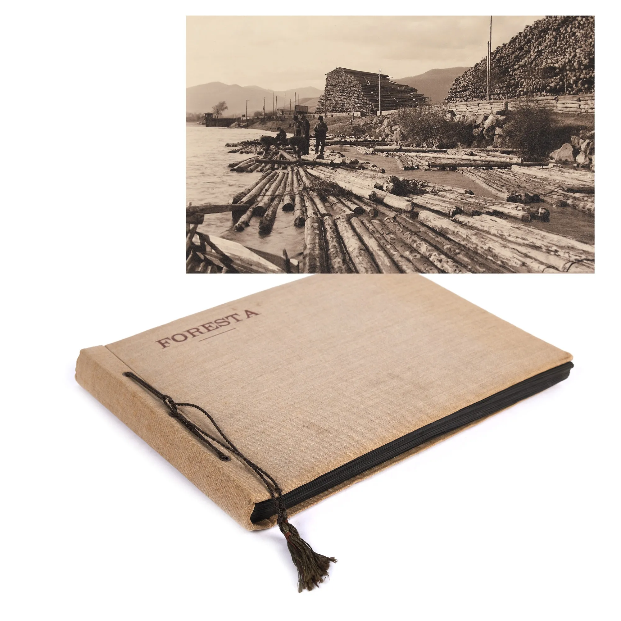 Album fotografic "Foresta", conținând 33 de fotografii ilustrând industria de prelucrare a lemnului în Carpați, ediție bilingvă româno-italiană, perioada interbelică, piesă rară