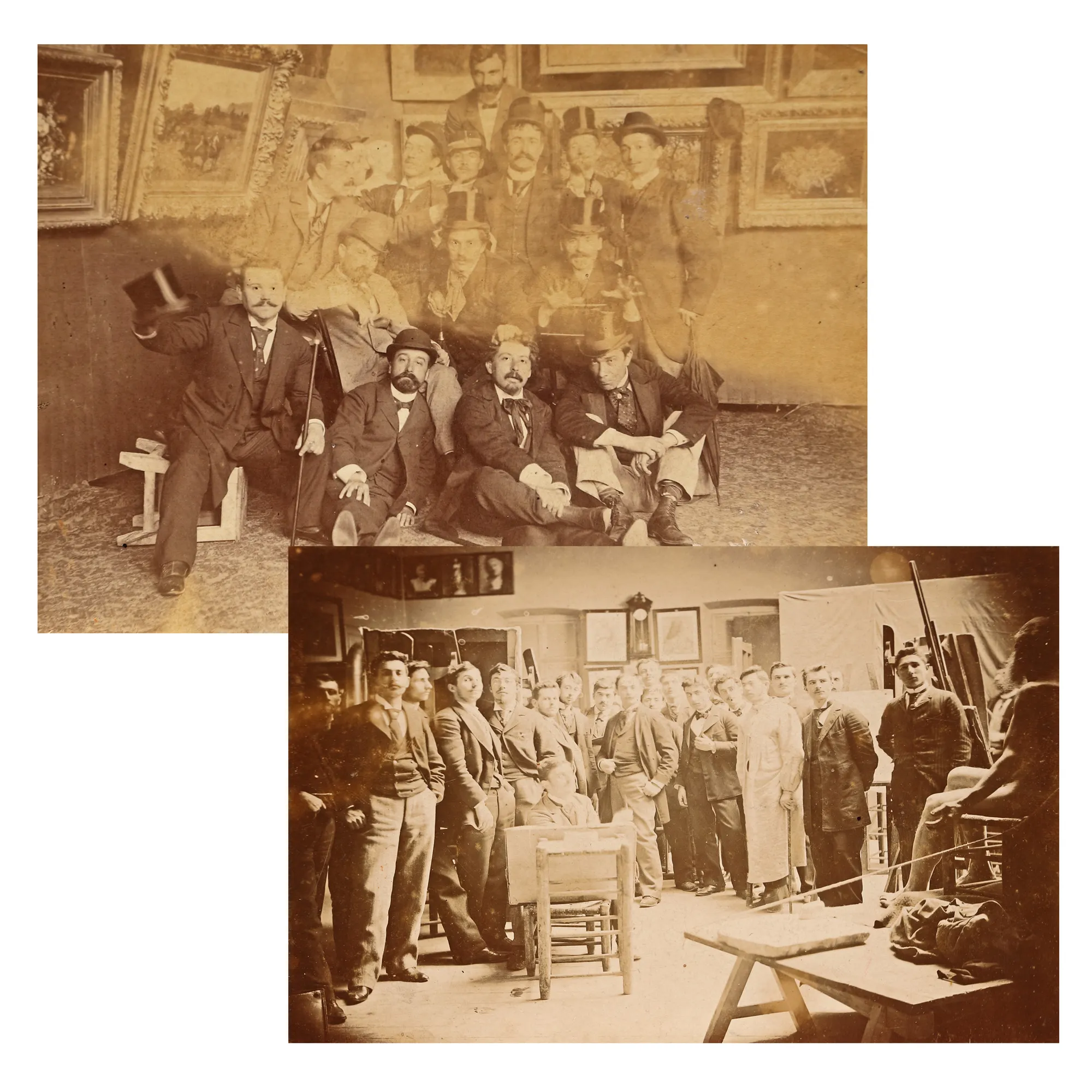 A photograph illustrating, among others, Ștefan Luchian, Constantin Artachino and Kimon Loghi, at the "Exhibition of Living Artists", 1894, Romanian Athenaeum, Bucharest, and a photograph of Ștefan Luchian in the studio with Professor George Demetrescu Mirea, Bucharest, late 19th century, rare item
