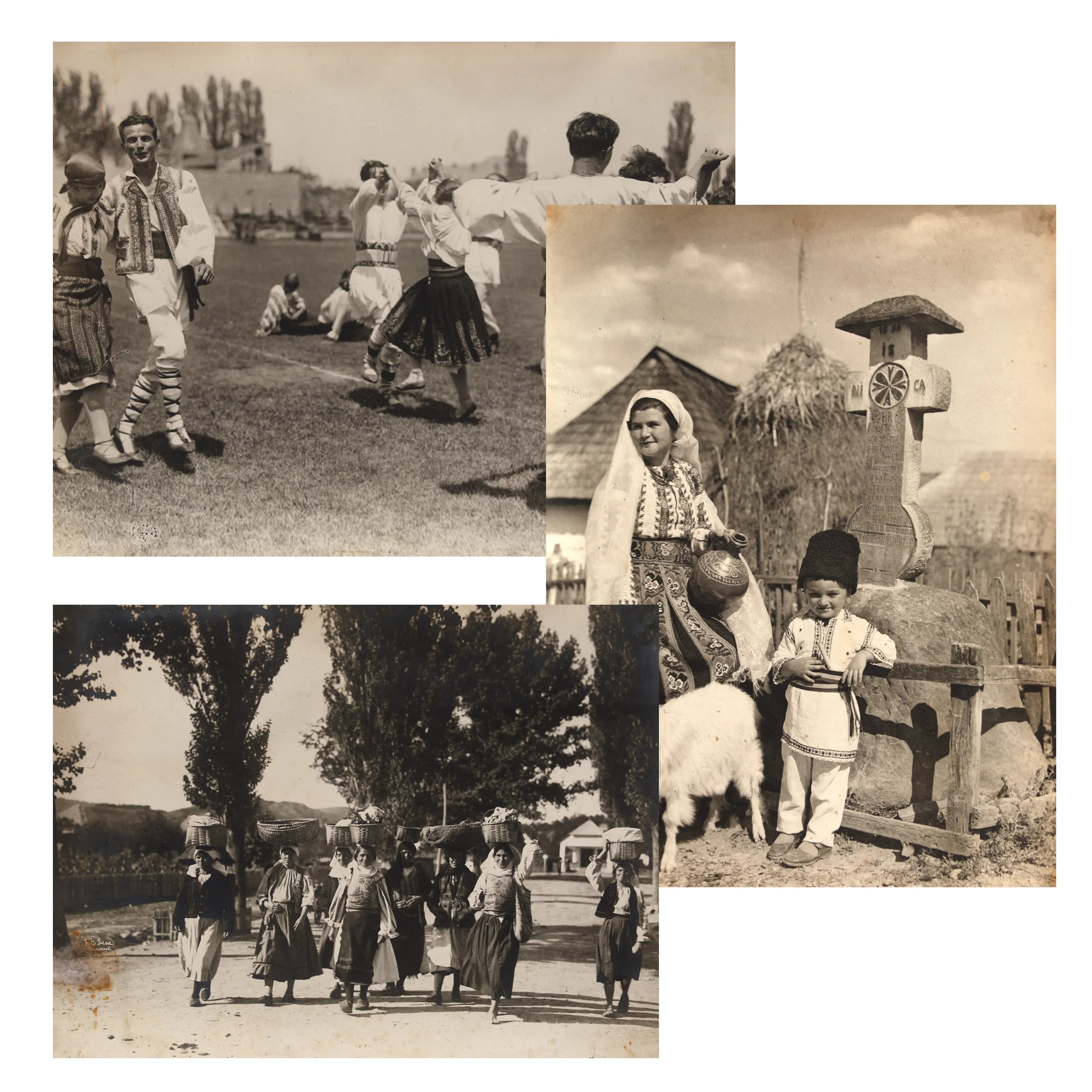 Lot format din trei fotografii ilustrând țărani în costume tradiționale, atelier fotografic Cartea Românească, perioada interbelică
