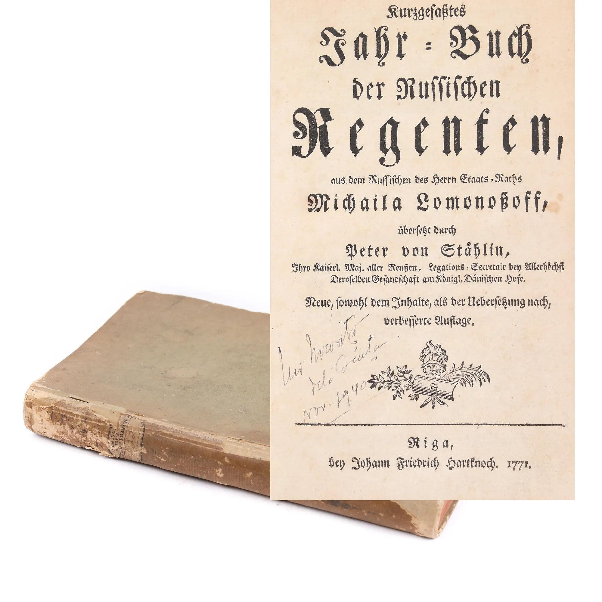 Colegat ”Istoria regenților ruși”, de Mikhail Lomonosov, germană, Riga, 1771, și ”Istoria Moldovei și a Țării Românești”, de Jean-Louis Carra, germană, Frankfurt și Liepzig, 1789