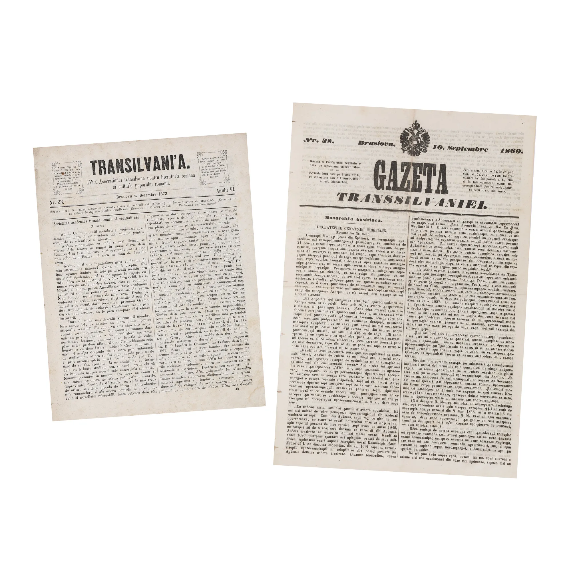The first Romanian political newspaper in Transylvania, founded by George Barițiu, "Gazeta Transilvaniei", no. 38, Brașov, September 10, 1860, and "Transilvania - Foaie Asociațiunei transilvane pentru literatura română și cultura poporului român (Astra)", no. 23, Brașov, December 1, 1873, rare item