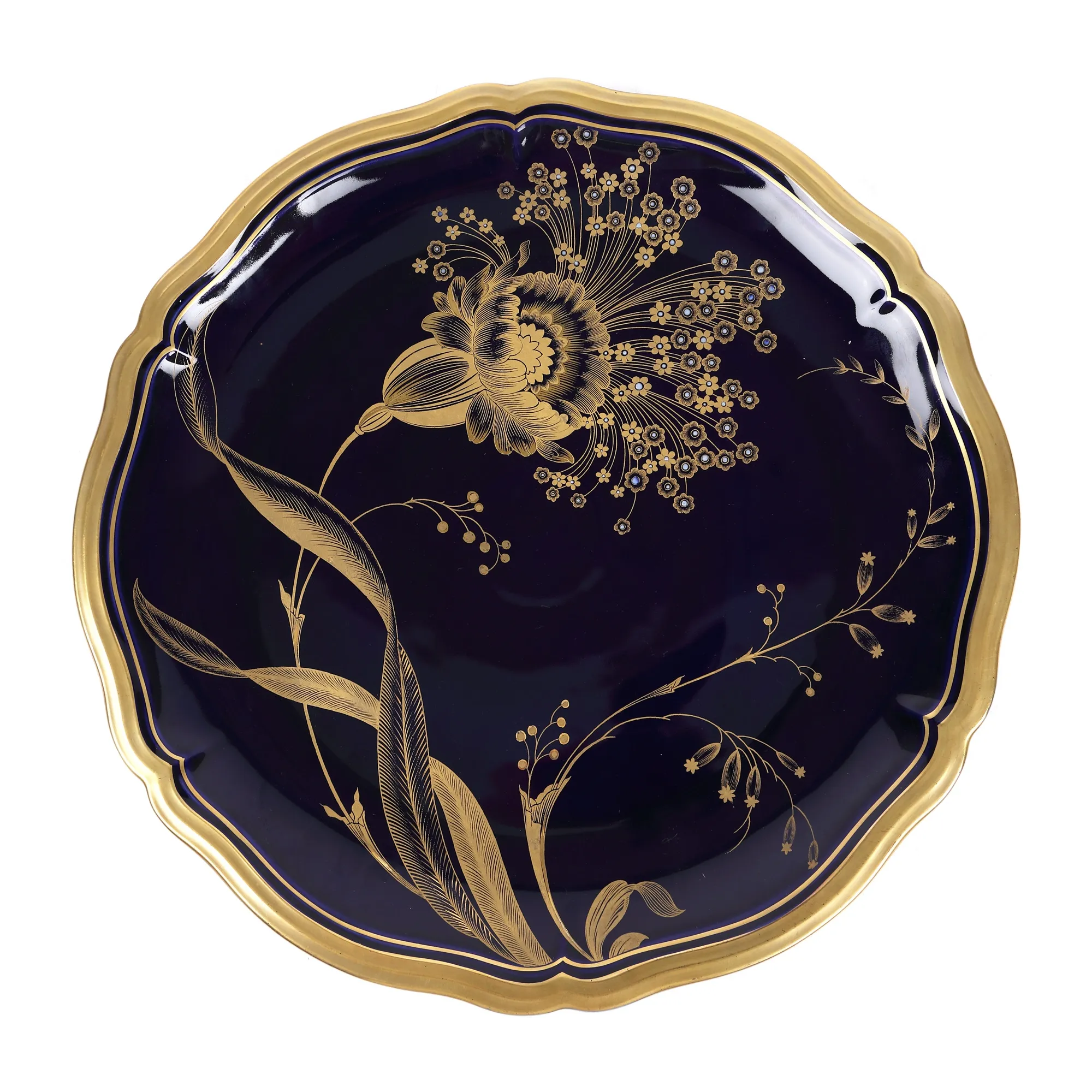 Platou Rosenthal Chippendale din porțelan cobalt, decorat cu flori aurii