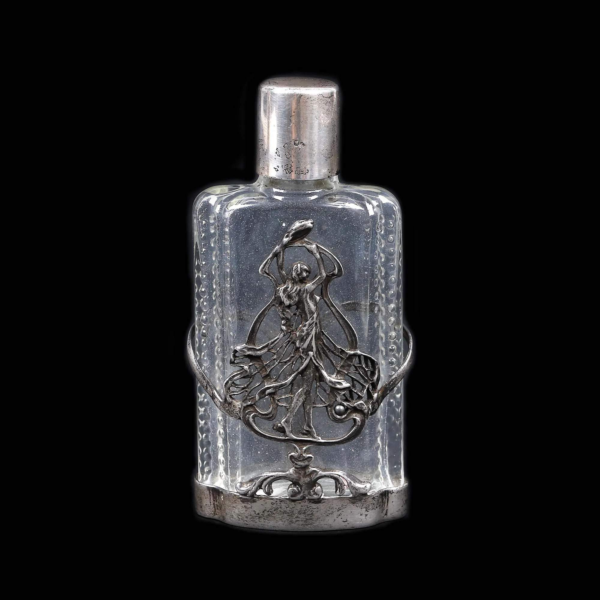 Flacon Art Nouveau pentru parfum din sticlă și argint, decorat cu nimfă, cca. 1900