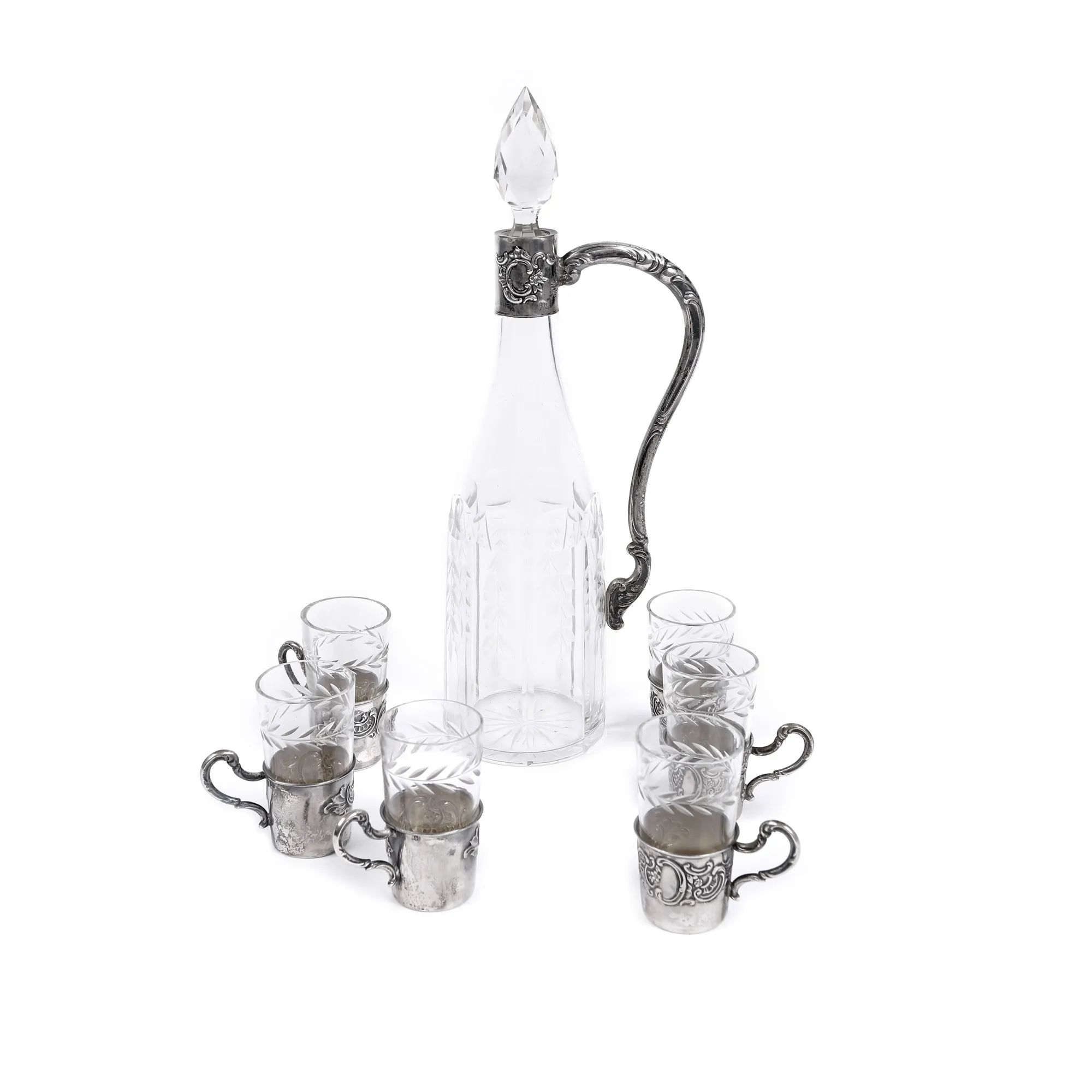 Set din cristal, cu montură din argint, format din carafă și șase pahare