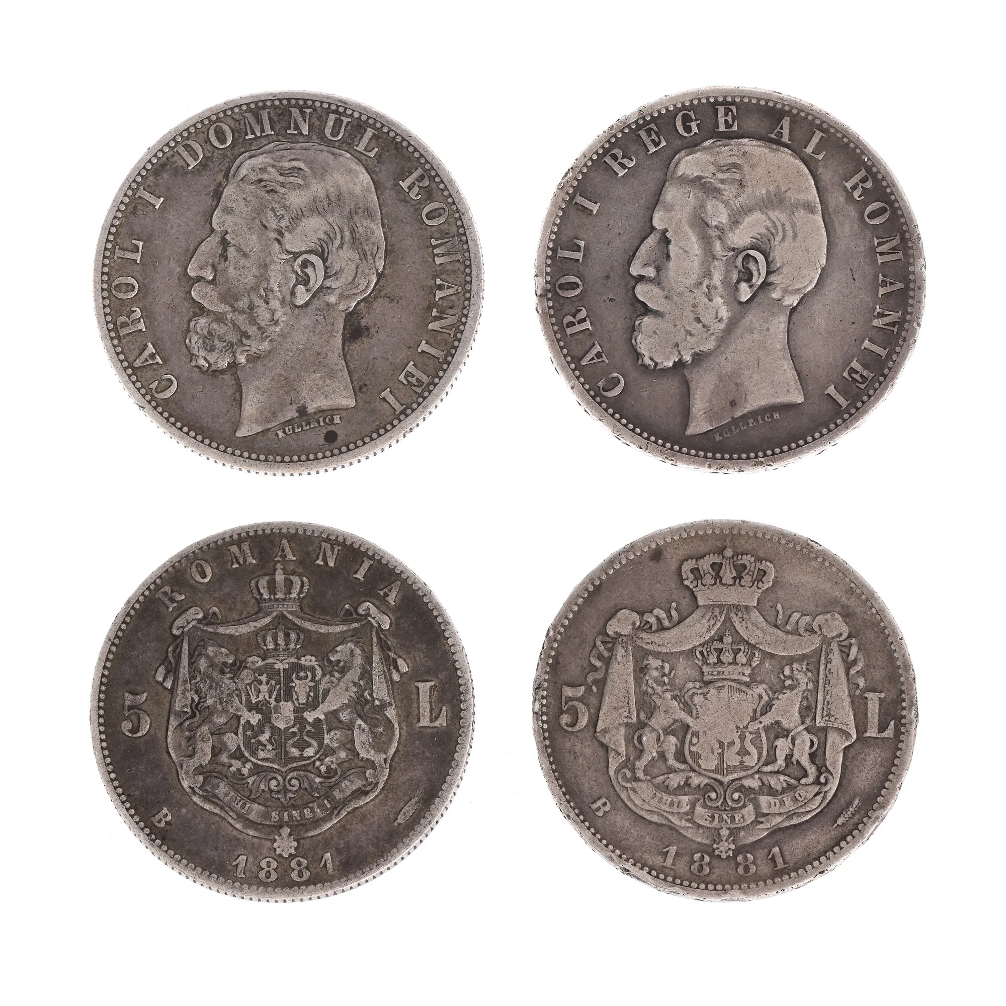 two variants of the 5 Lei 1881 silver coin, Carol I – Lord and King, silver