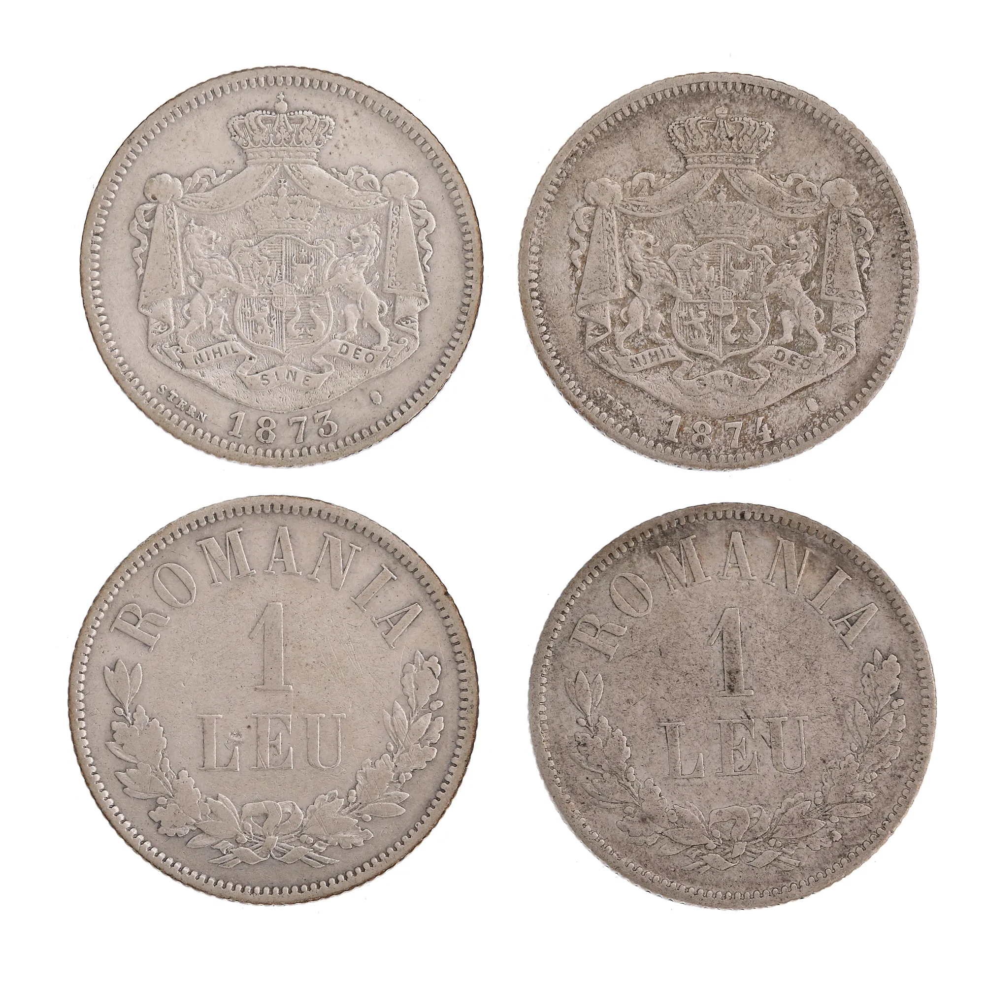 Lot format din două monede de 1 leu 1873 și 1874, argint