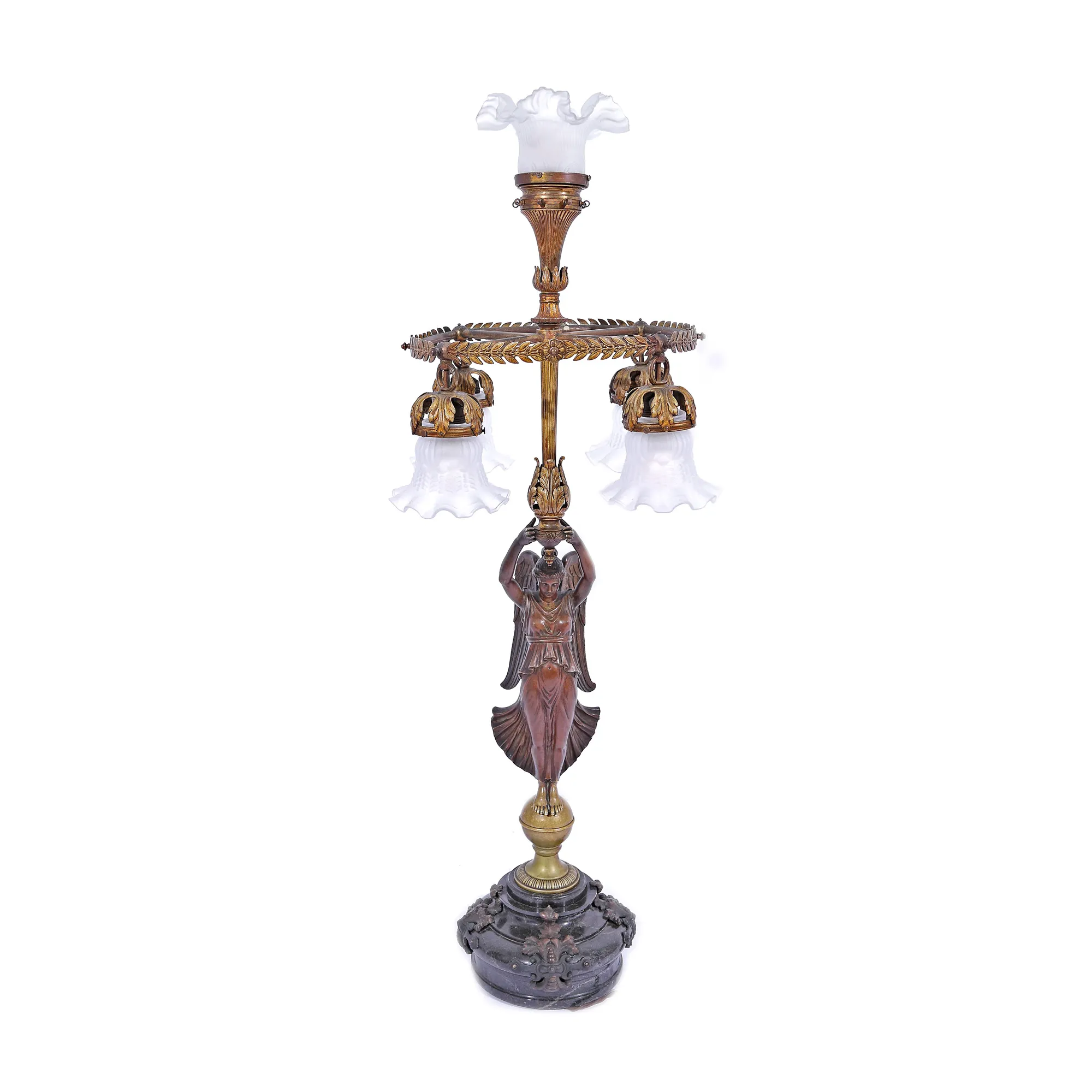 Lampă de podea cu cinci lumini, în manieră Empire, din bronz și cu soclu din marmură, decorată cu alegoria Victoriei, începutul sec. XX