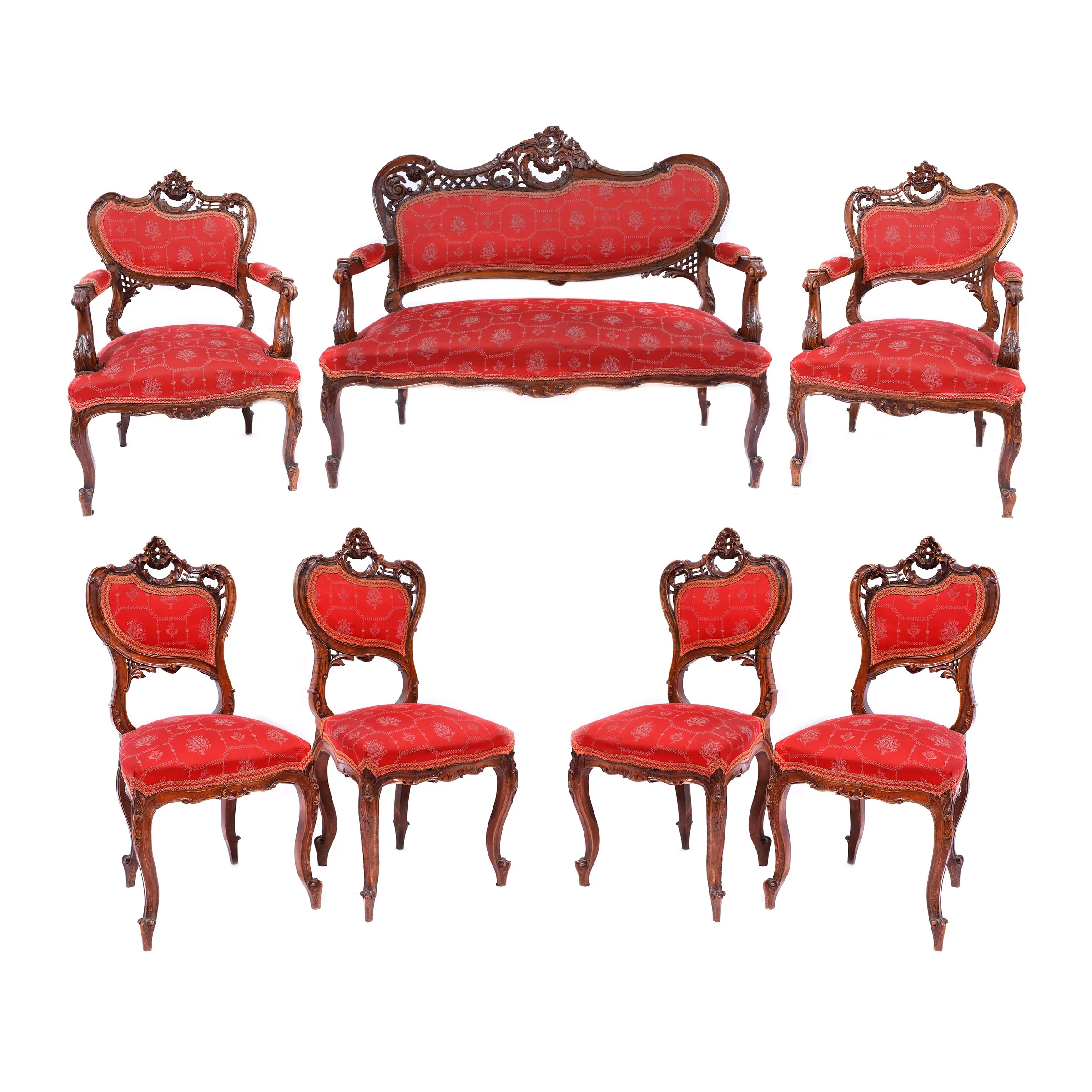 Garnitură de salon în stil Rococo, formată din canapea, două fotolii și patru scaune, sfârșitul sec. XIX