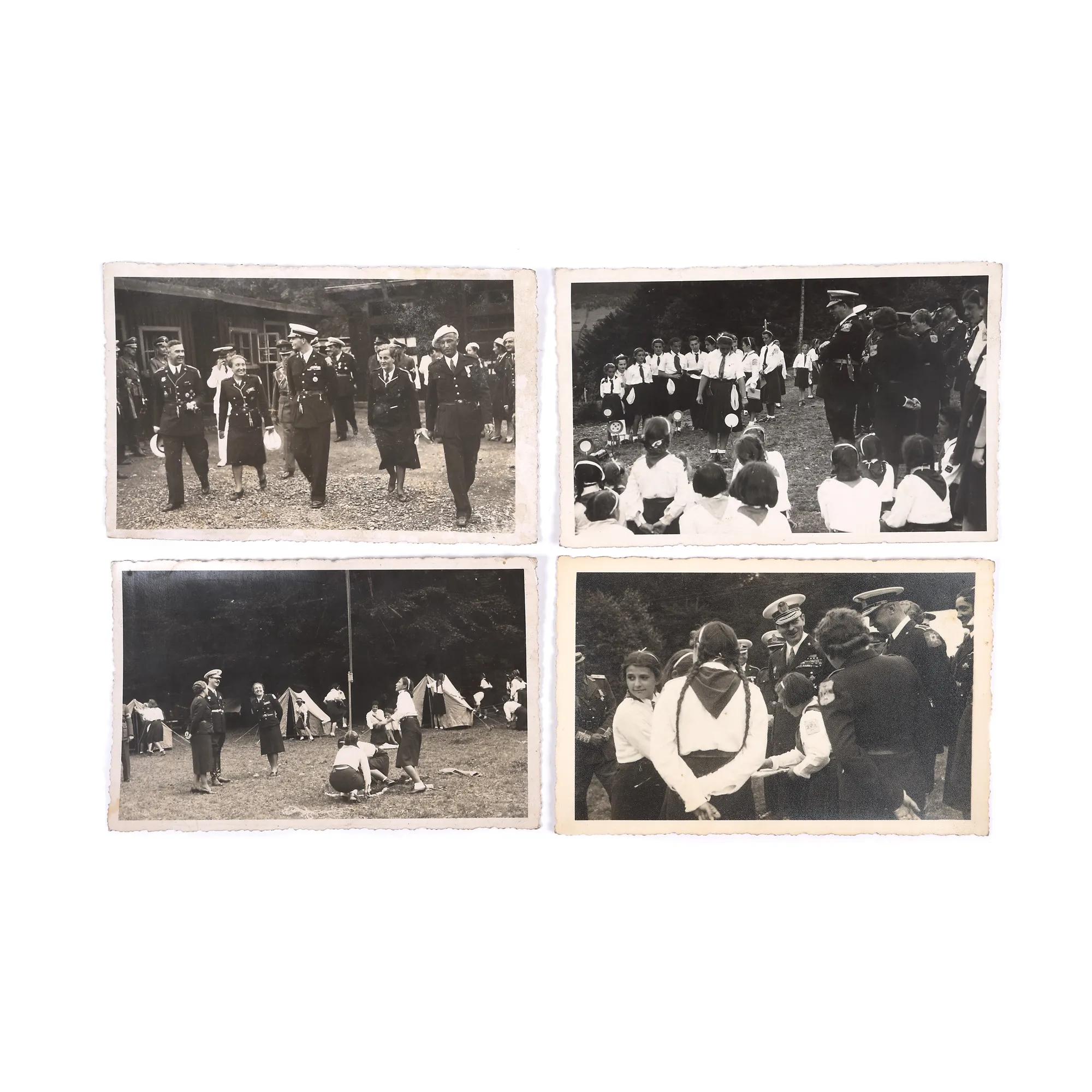 Lot format din patru fotografii ilustrându-i pe Regele Carol al II-lea și Principele Mihai vizitând o tabără de străjeri, atelier Foto Carpați - F. Pilescu, Predeal, cca. 1935